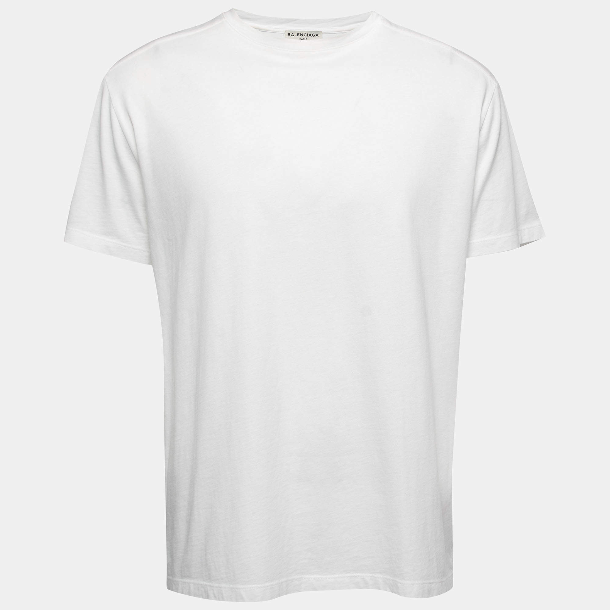 Pre Owned Balenciaga White Logo Print Cotton Crew Neck Half Sleeve T-Shirt L