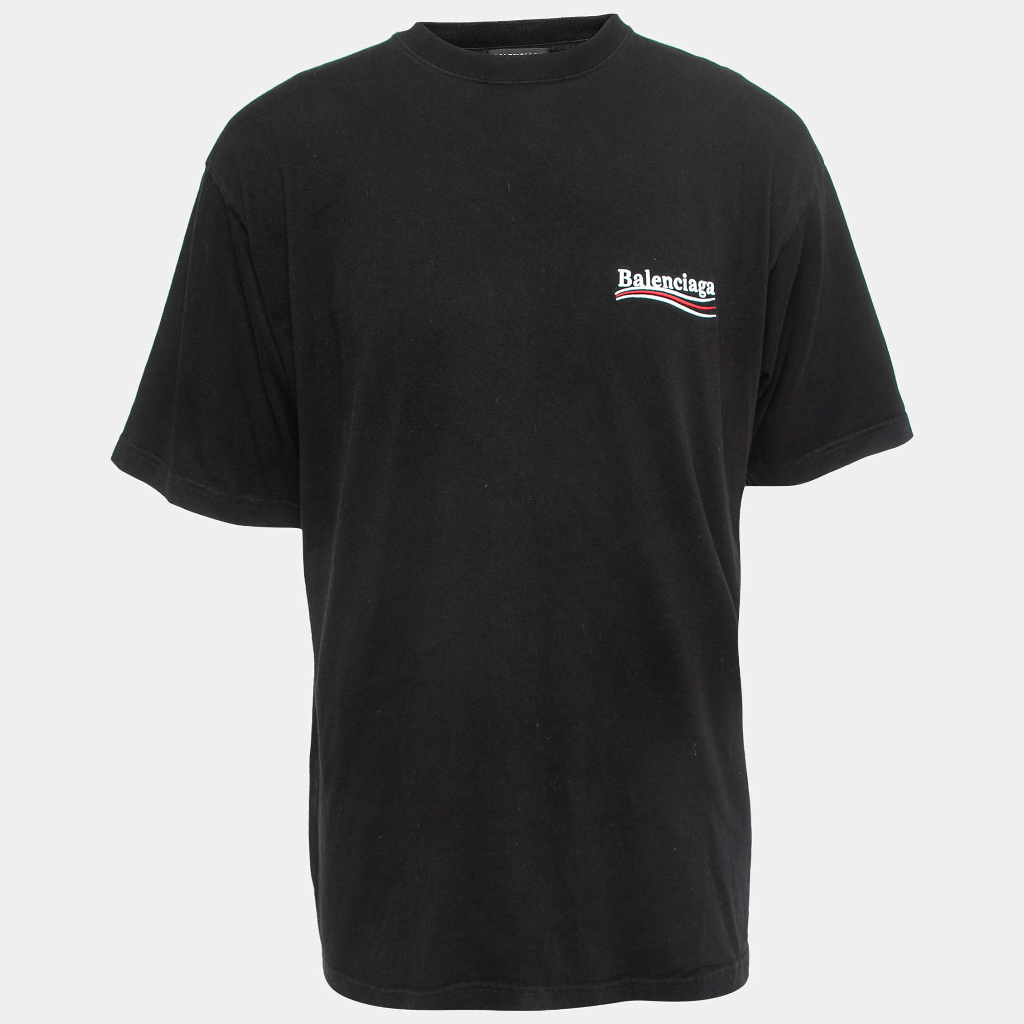 Pre Owned Balenciaga Black Logo Embroidered Cotton Knit T-Shirt L