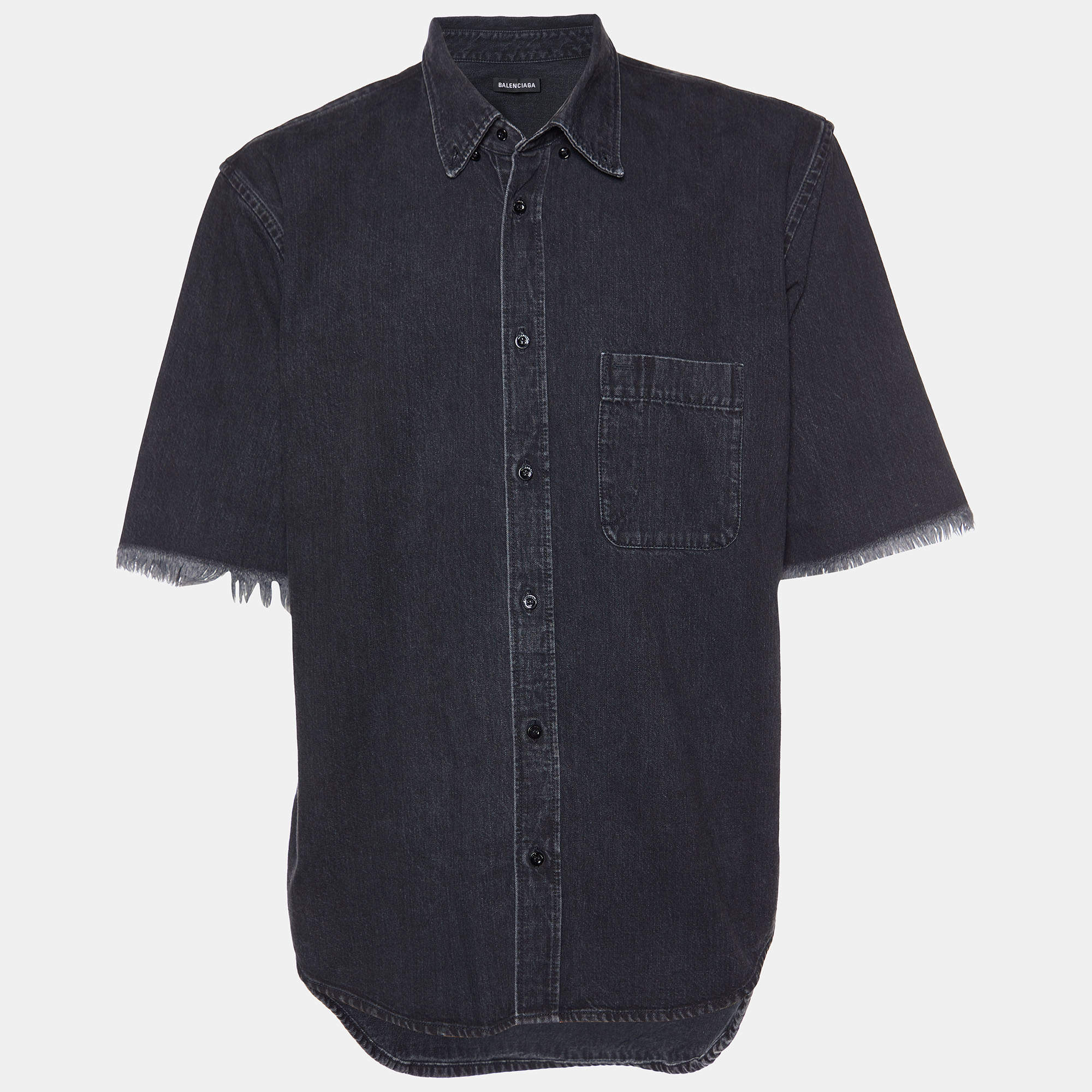 Pre Owned Balenciaga Black Logo Printed Denim Frayed Sleeve Oversized Shirt M