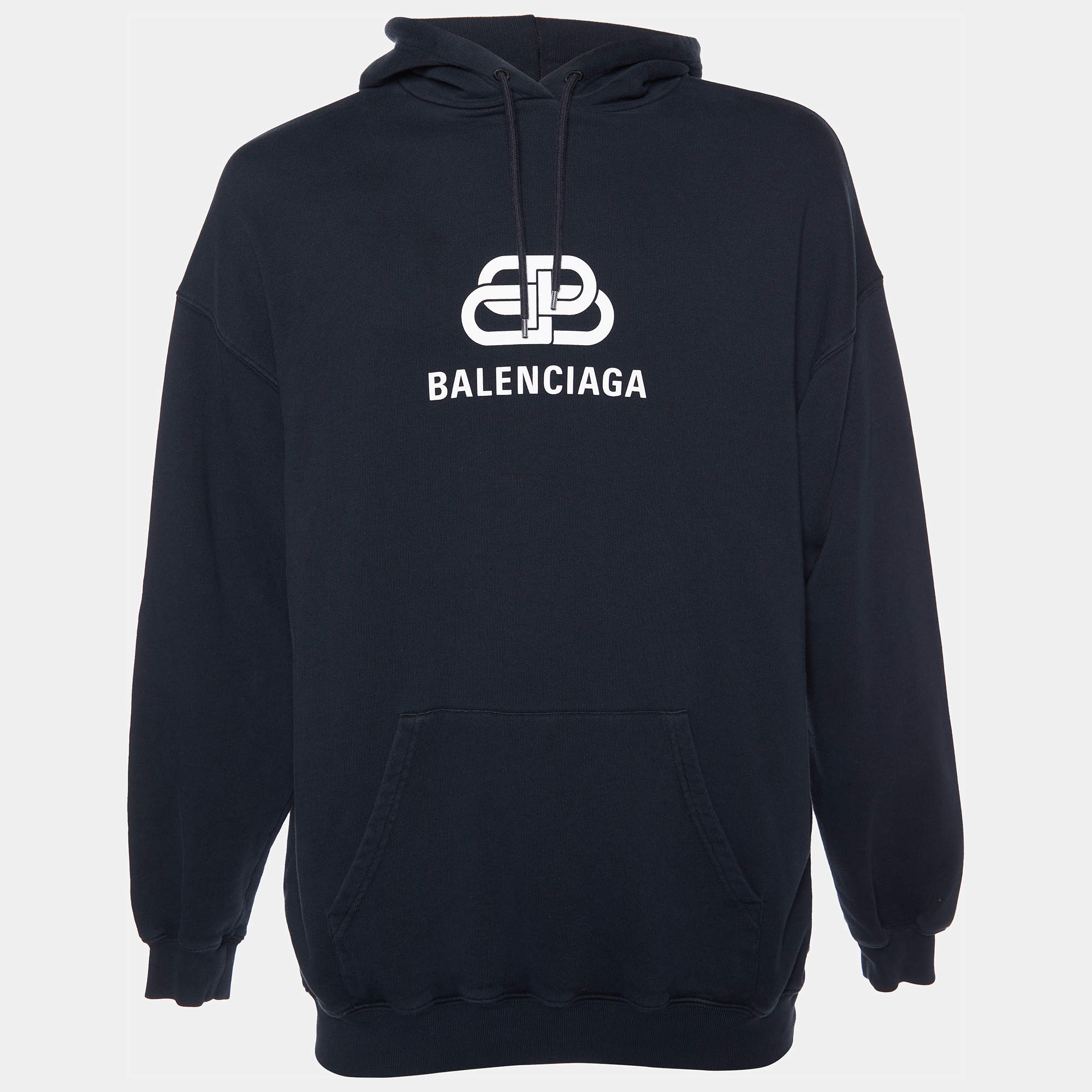Pre Owned Balenciaga Black Logo Printed Cotton Knit Oversized Hoodie M