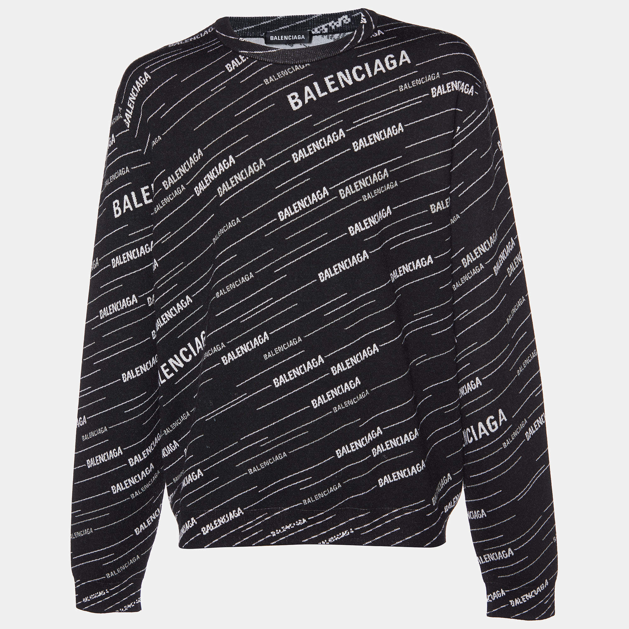 Pre Owned Balenciaga Black Logo Jacquard Wool Crew Neck Sweater XL