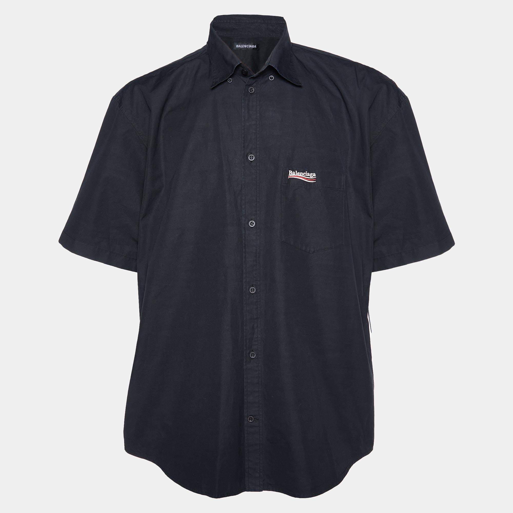 مملوكة مسبقًا Balenciaga Black Cotton Logo Embroidered Pocket Detail Short Sleeve Shirt L