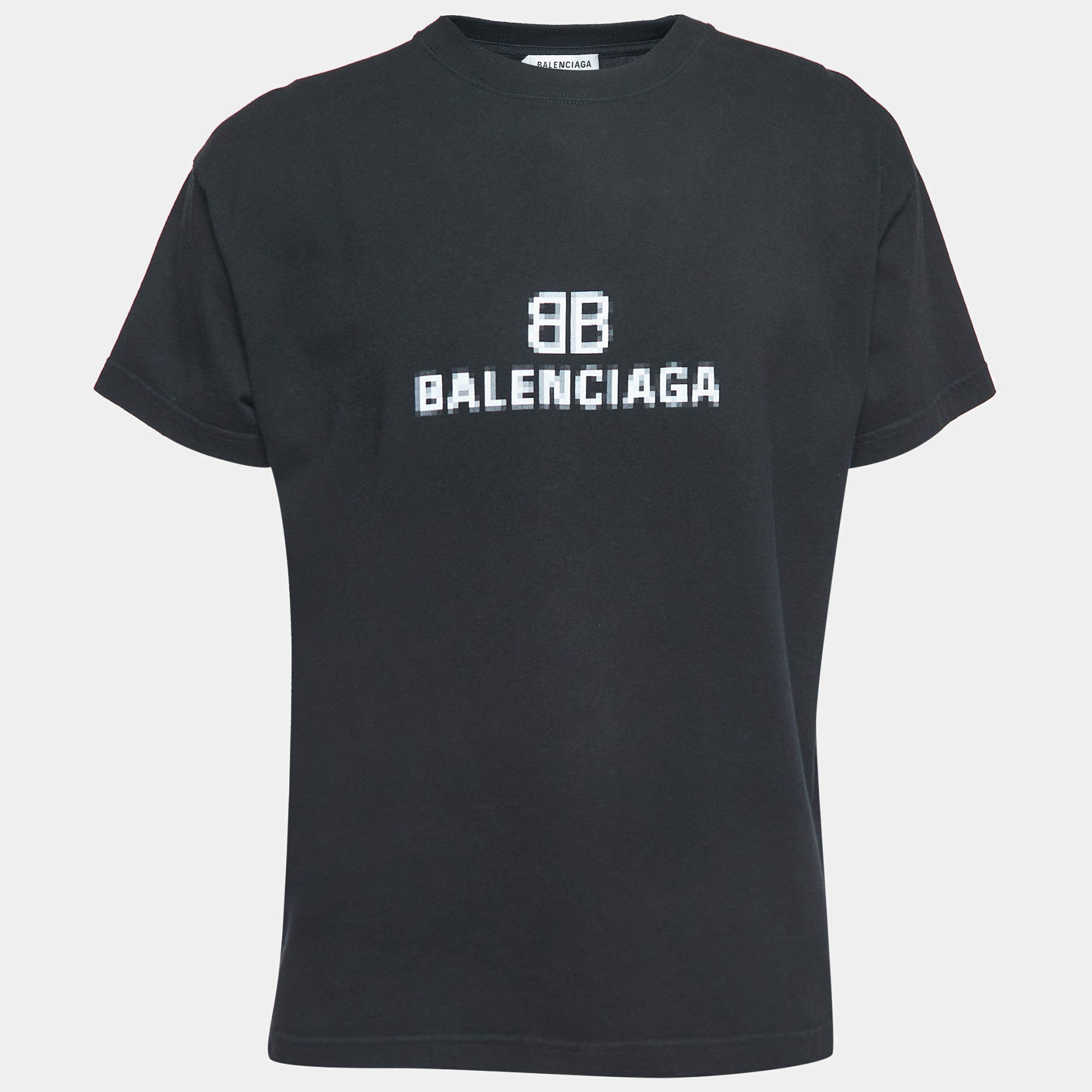 Pre Owned Balenciaga Black Pixel Logo Print Cotton Crew Neck T-Shirt L