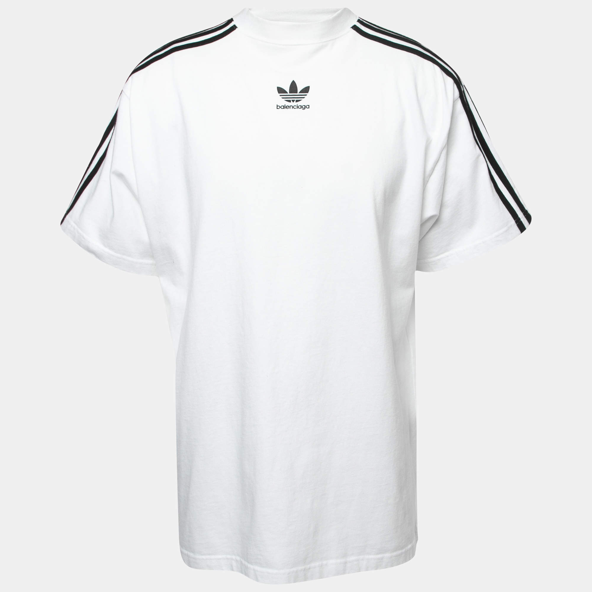 Pre Owned Balenciaga X Adidas White Logo Print Stripe Detailed Cotton Half Sleeve T-Shirt L