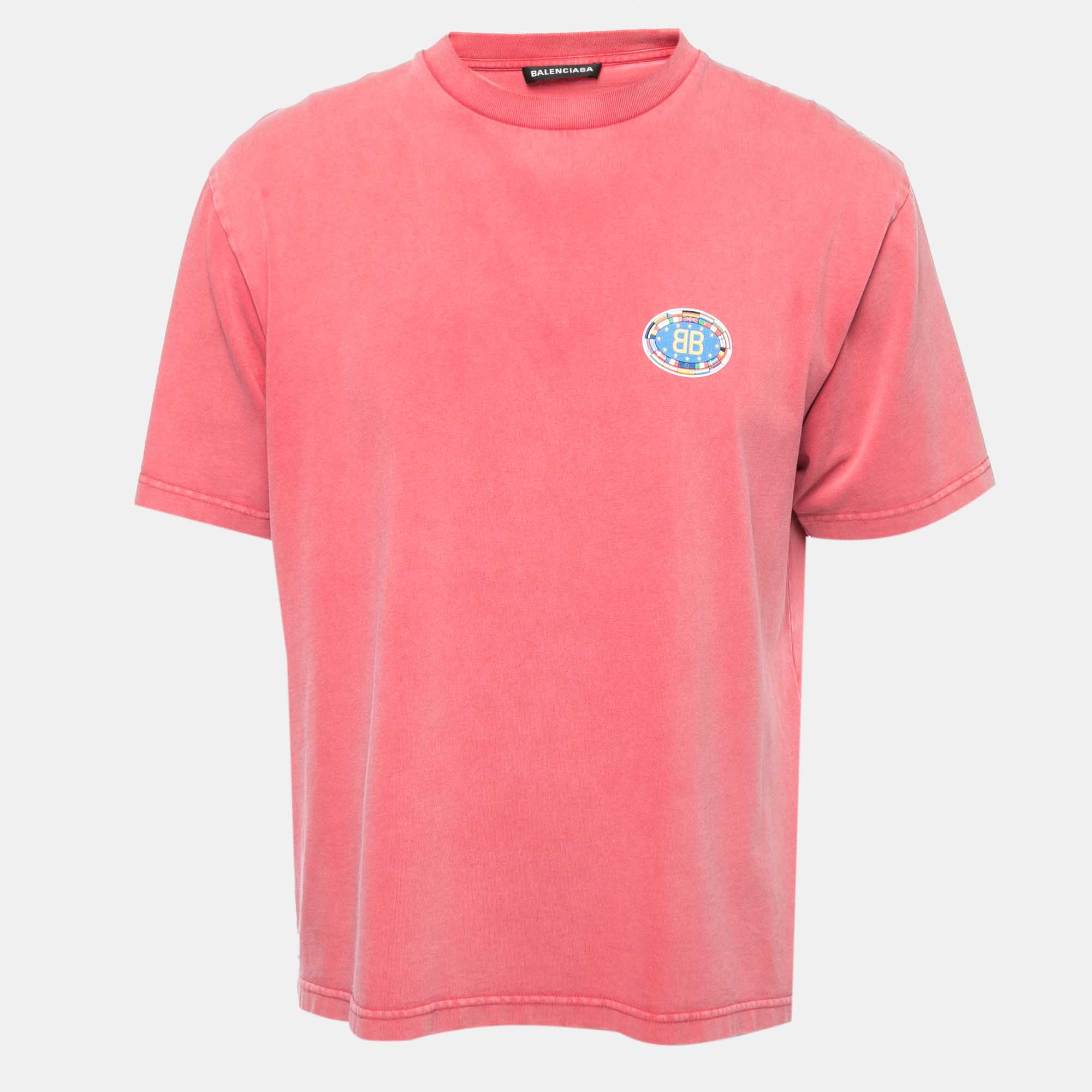 مملوكة مسبقًا Balenciaga Red Washed Logo Print Cotton Half Sleeve T-Shirt M