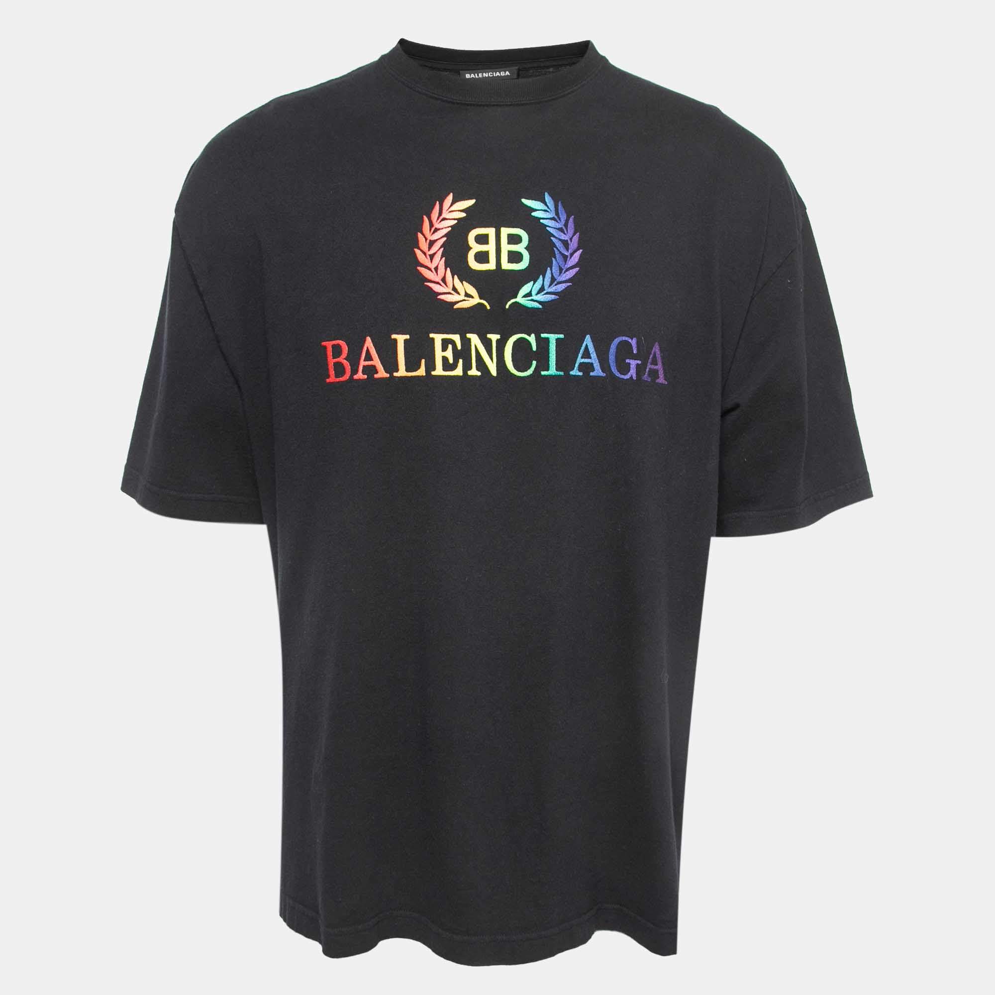 Pre Owned Balenciaga Black Logo Print Cotton Crew Neck Half Sleeve T-Shirt M