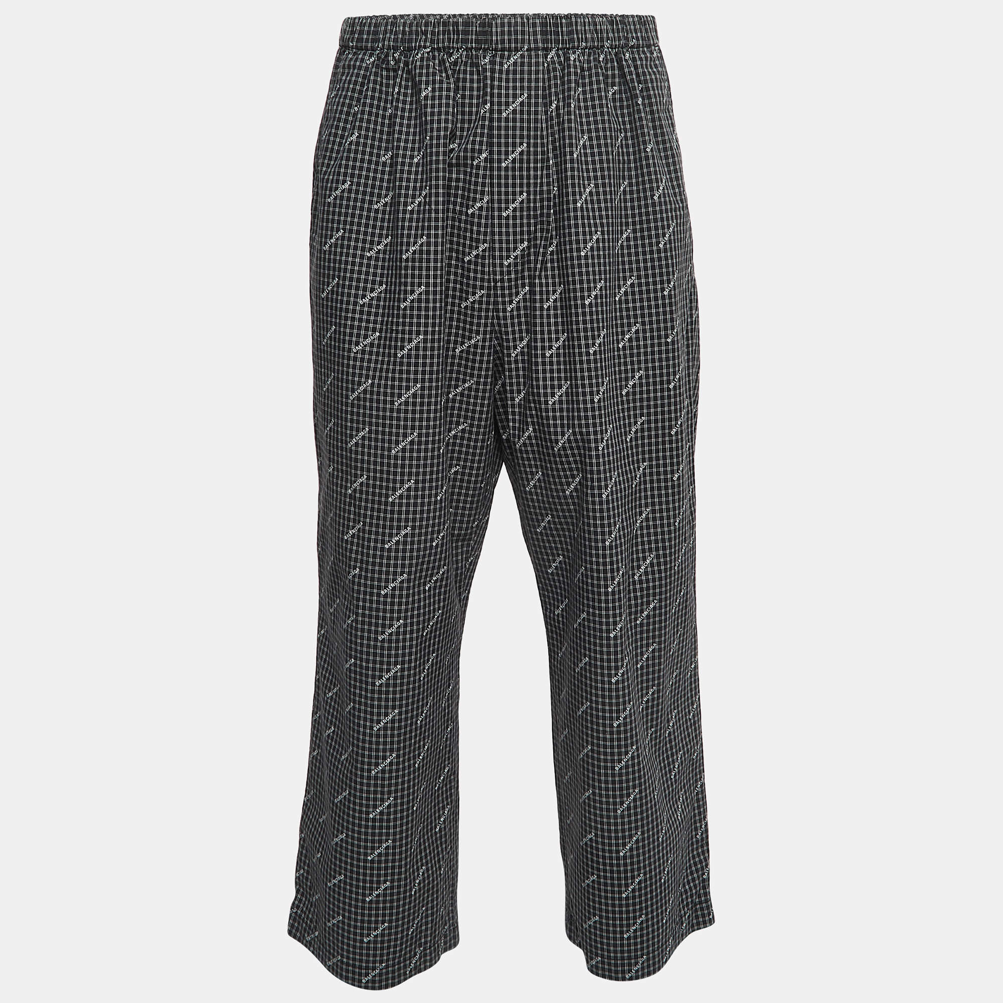 Balenciaga Black Checked Logo Print Cotton Elasticated Waist Pants L