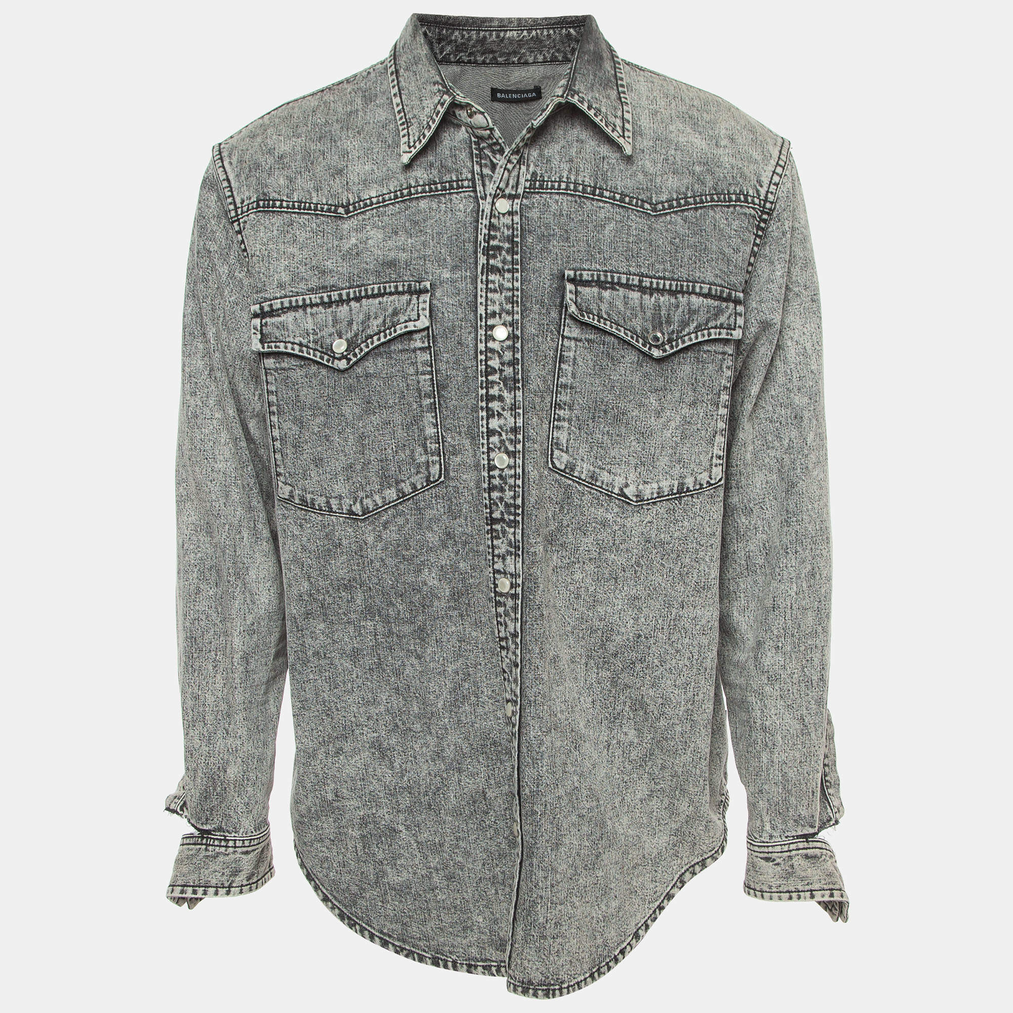 Balenciaga Grey Washed Denim Button Front Ripped Cuff Shirt L