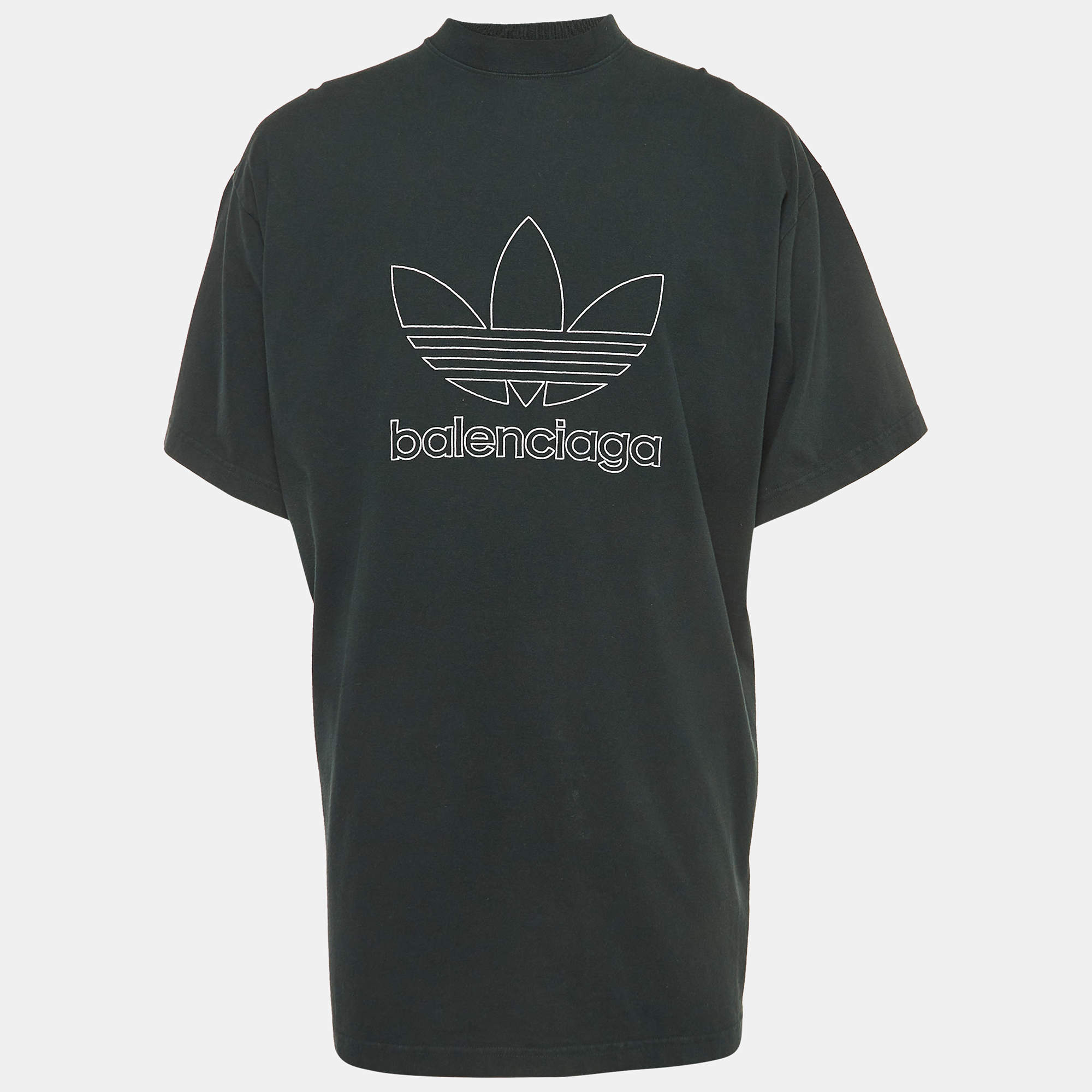 Pre Owned Balenciaga X Adidas Dark Green Logo Embroidered T-Shirt L