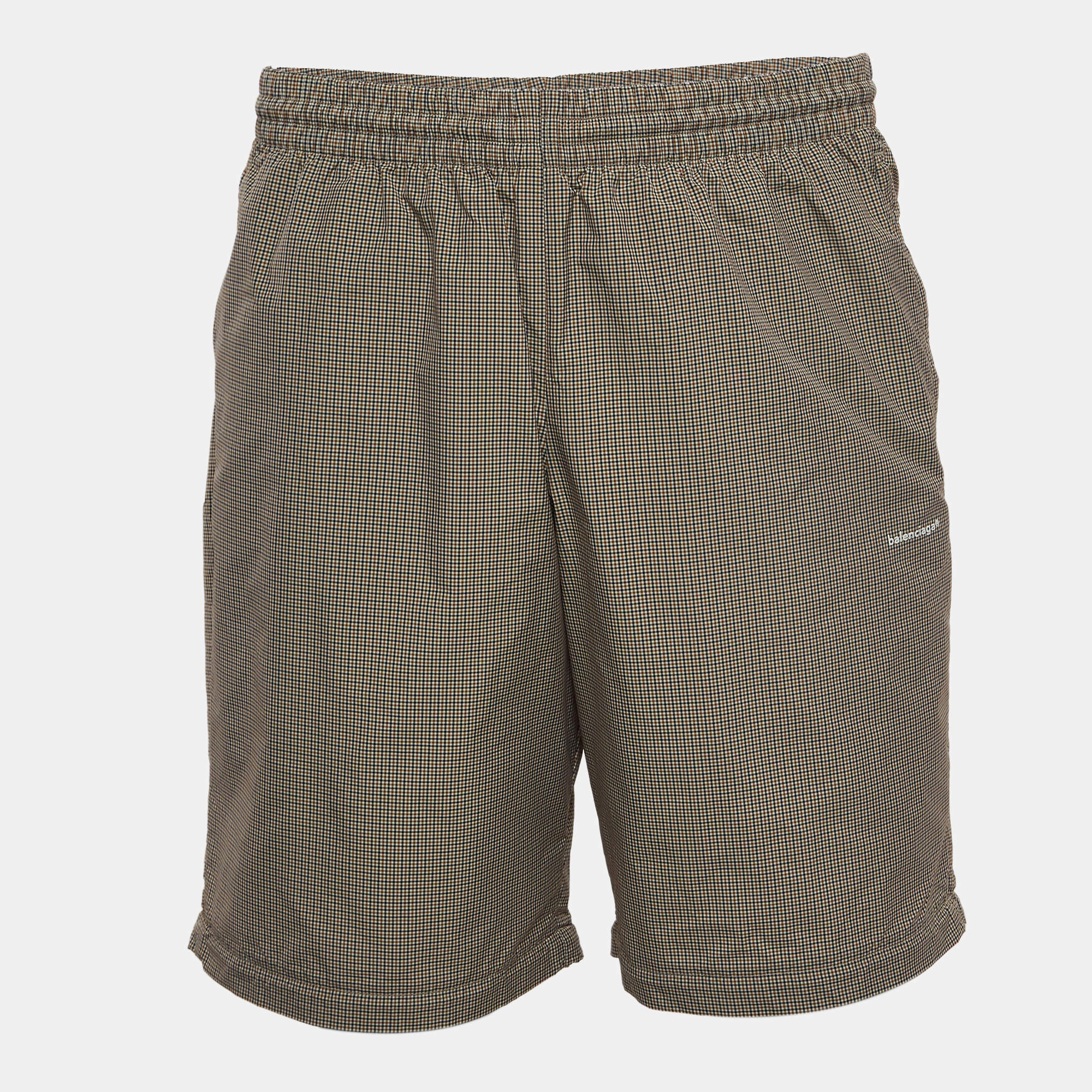 Balenciaga Navy Blue/Tan Checked Nylon Drawstring Shorts M
