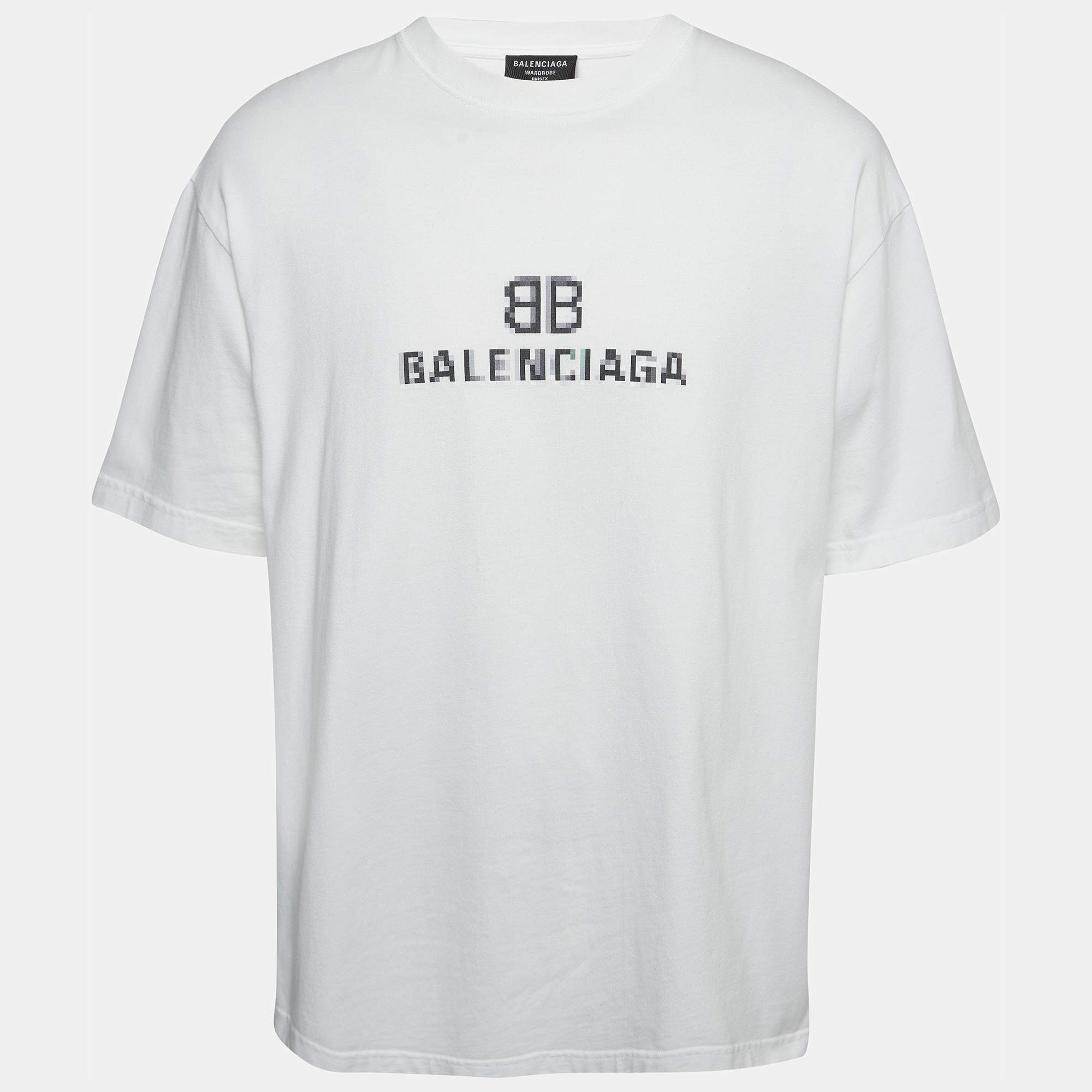 Pre Owned Balenciaga White Pixel Logo Print Half Sleeve T-Shirt M