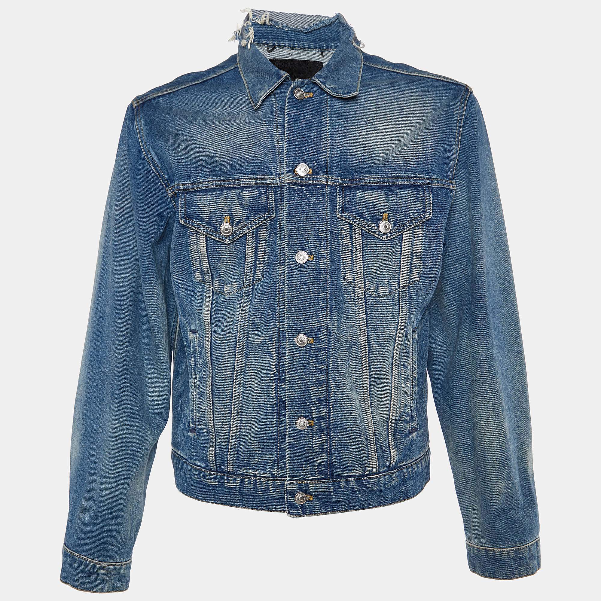 Pre Owned Balenciaga Blue Distressed Demin Logo Embroidered Jacket XXL
