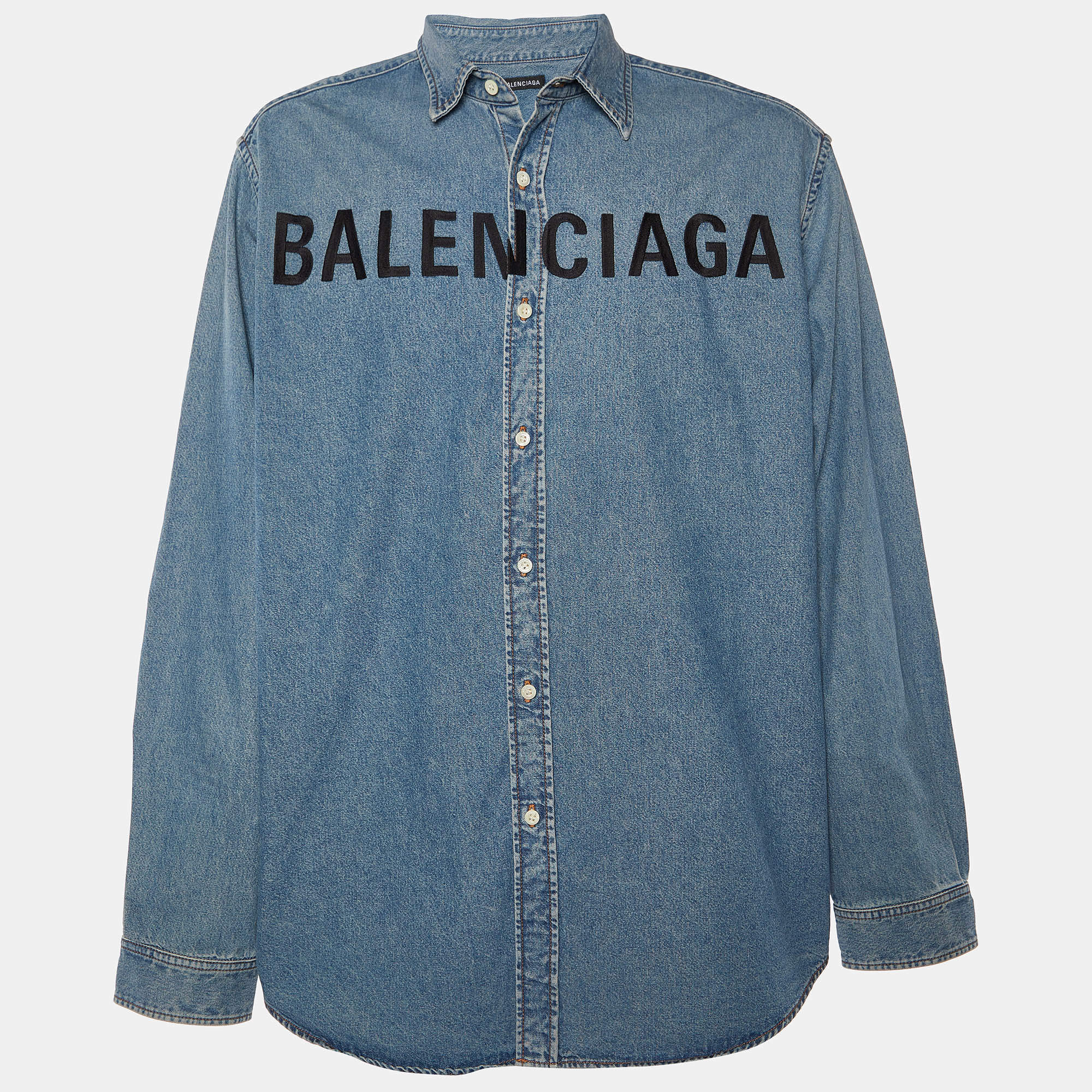Pre Owned Balenciaga Blue Denim Logo Embroidered Oversized Shirt M