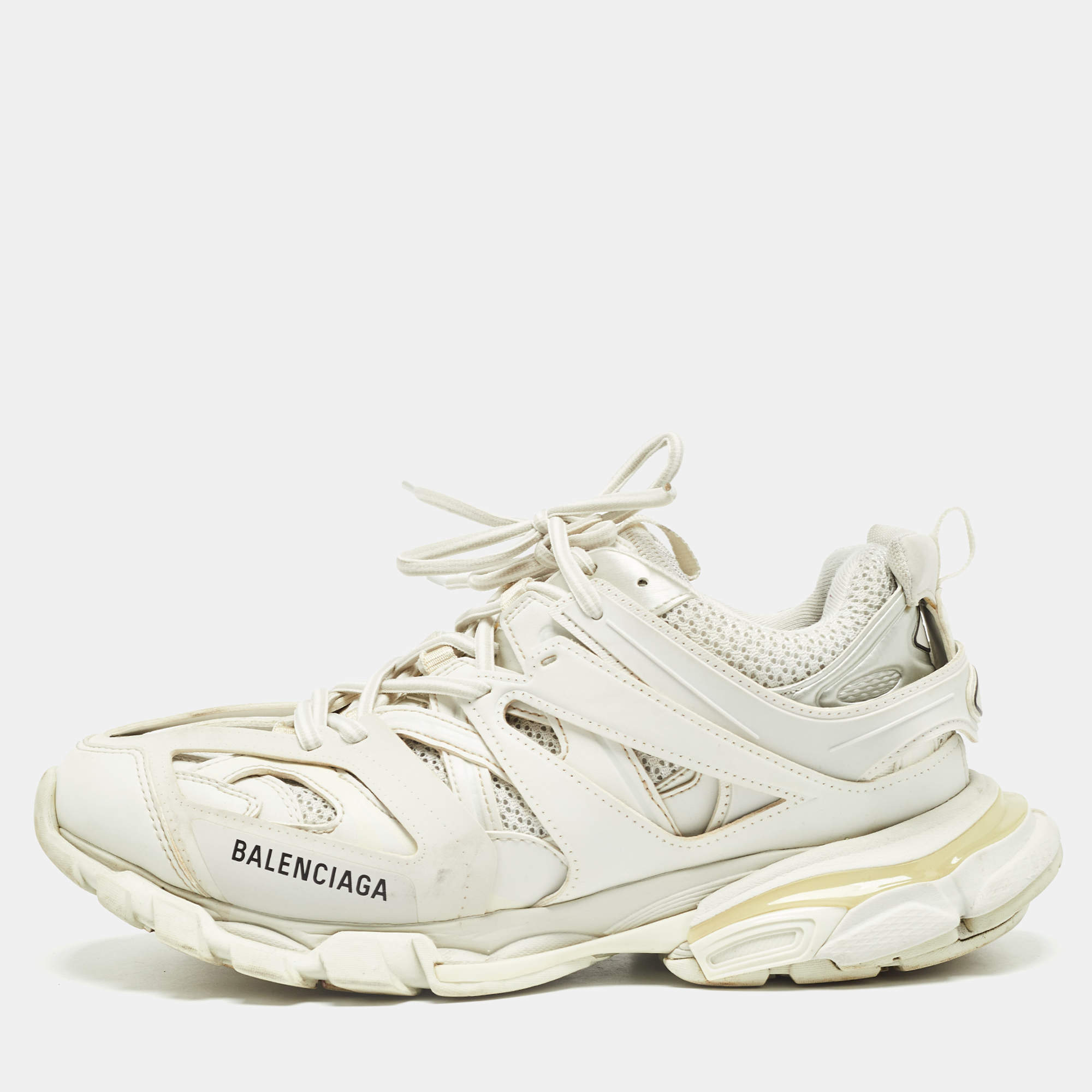 Pre Owned Balenciaga Grey/White Faux Leather and Mesh Sneakers Size 42