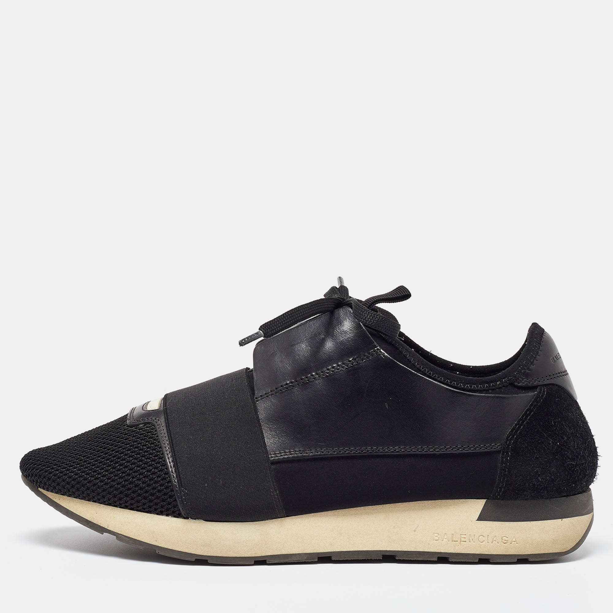Pre Owned Balenciaga Black Leather and Mesh Race Runner Sneakers Size 41