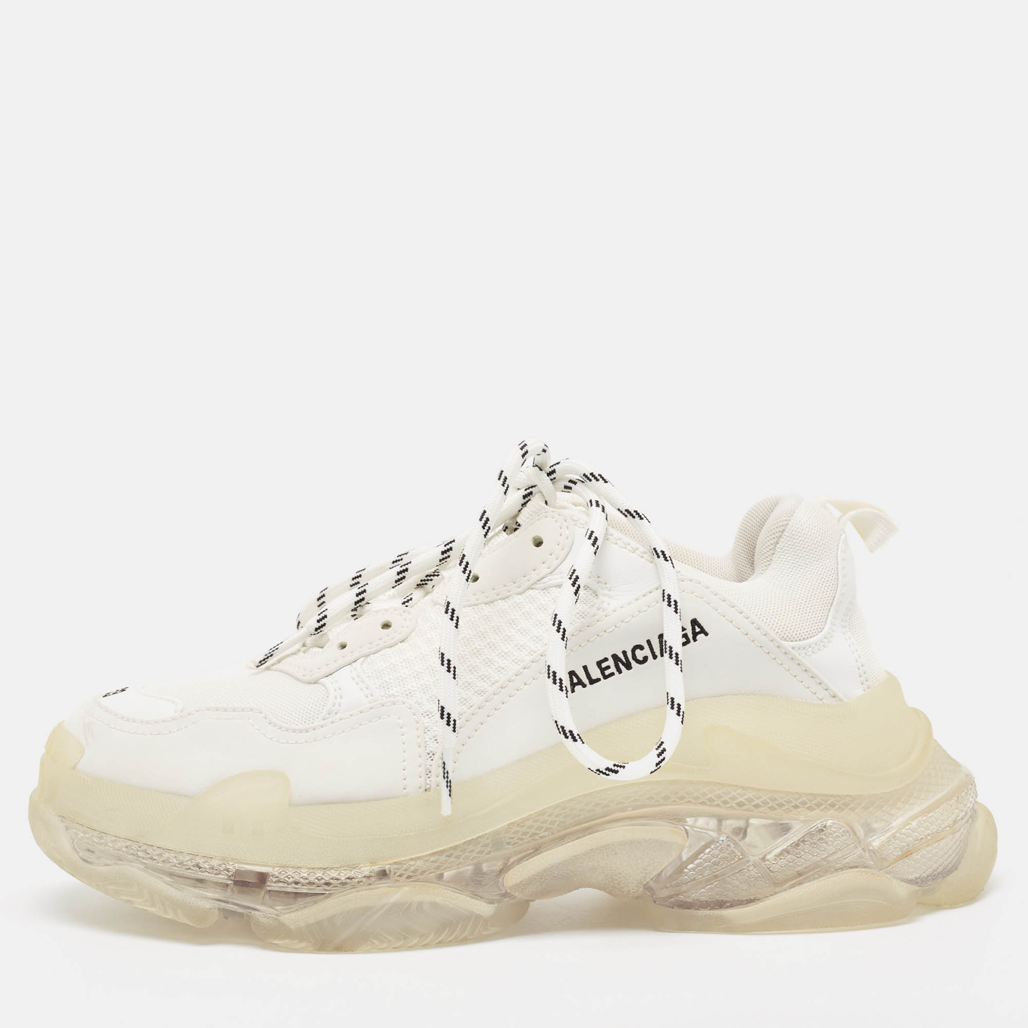 Balenciaga White Faux Leather and Mesh Triple S Clear Sole Sneakers Size 39