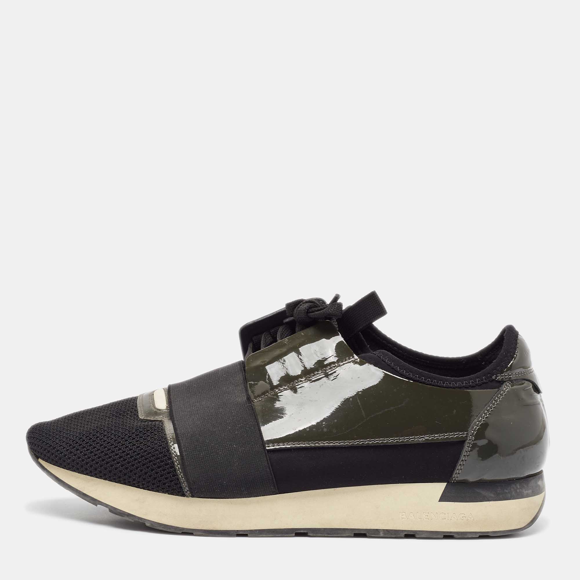 Pre Owned Balenciaga Green/Black Mesh and Patent Leather Race Runner Lace Up Sneakers Size 43
