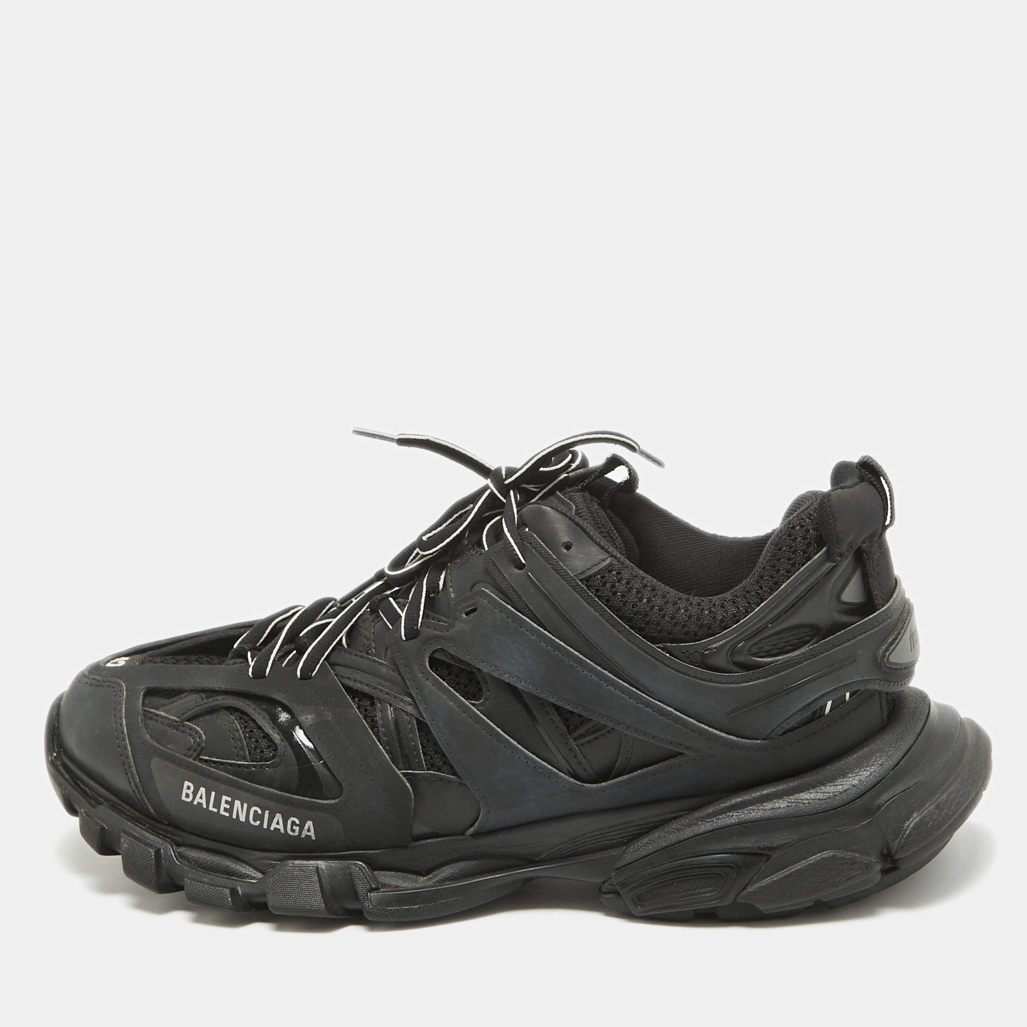 Balenciaga Black Faux Leather and Mesh Track Lace Up Sneakers Size 42