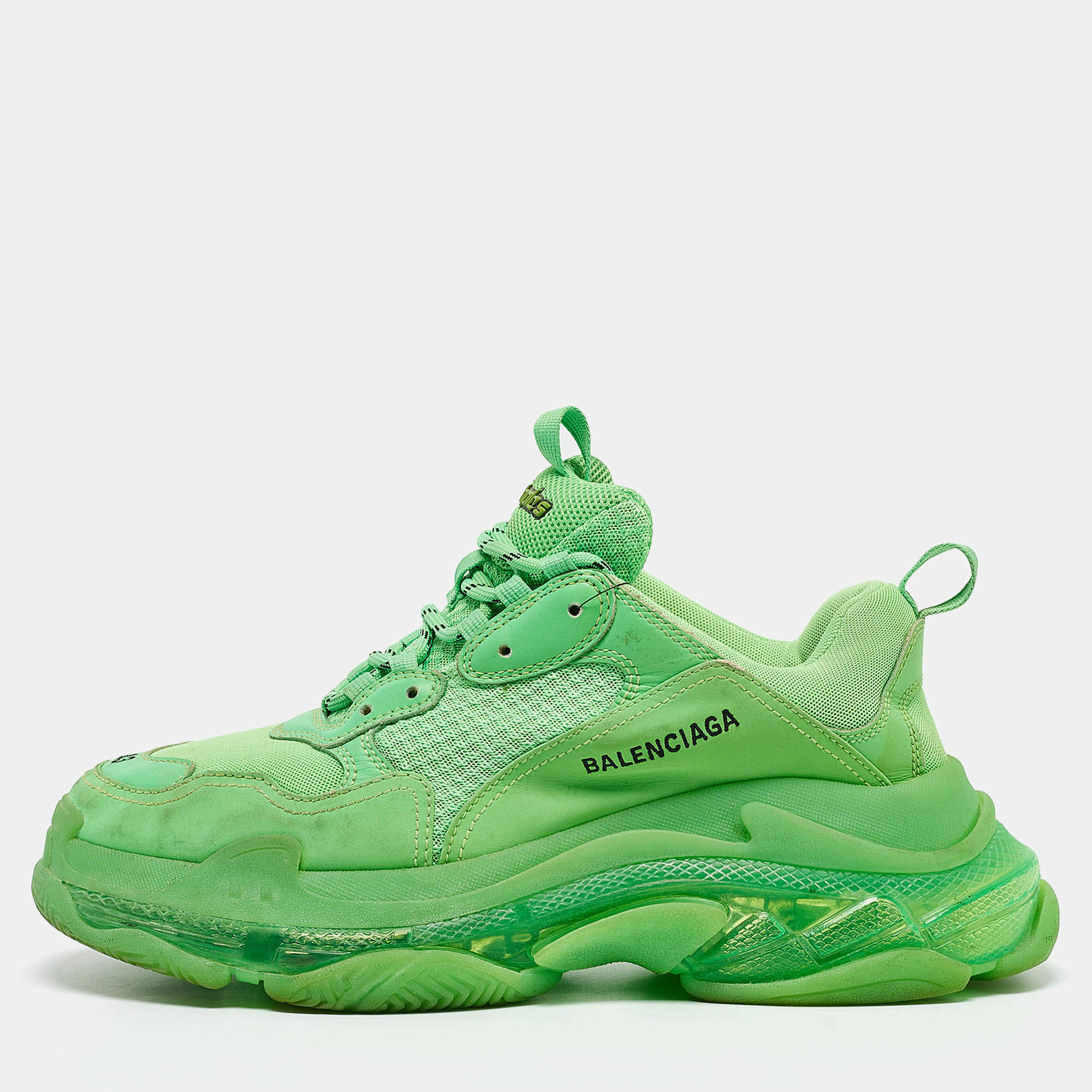 مملوكة مسبقًا Balenciaga Green Faux Leather and Mesh Triple S Clear Sole Lace Up Sneakers Size 43