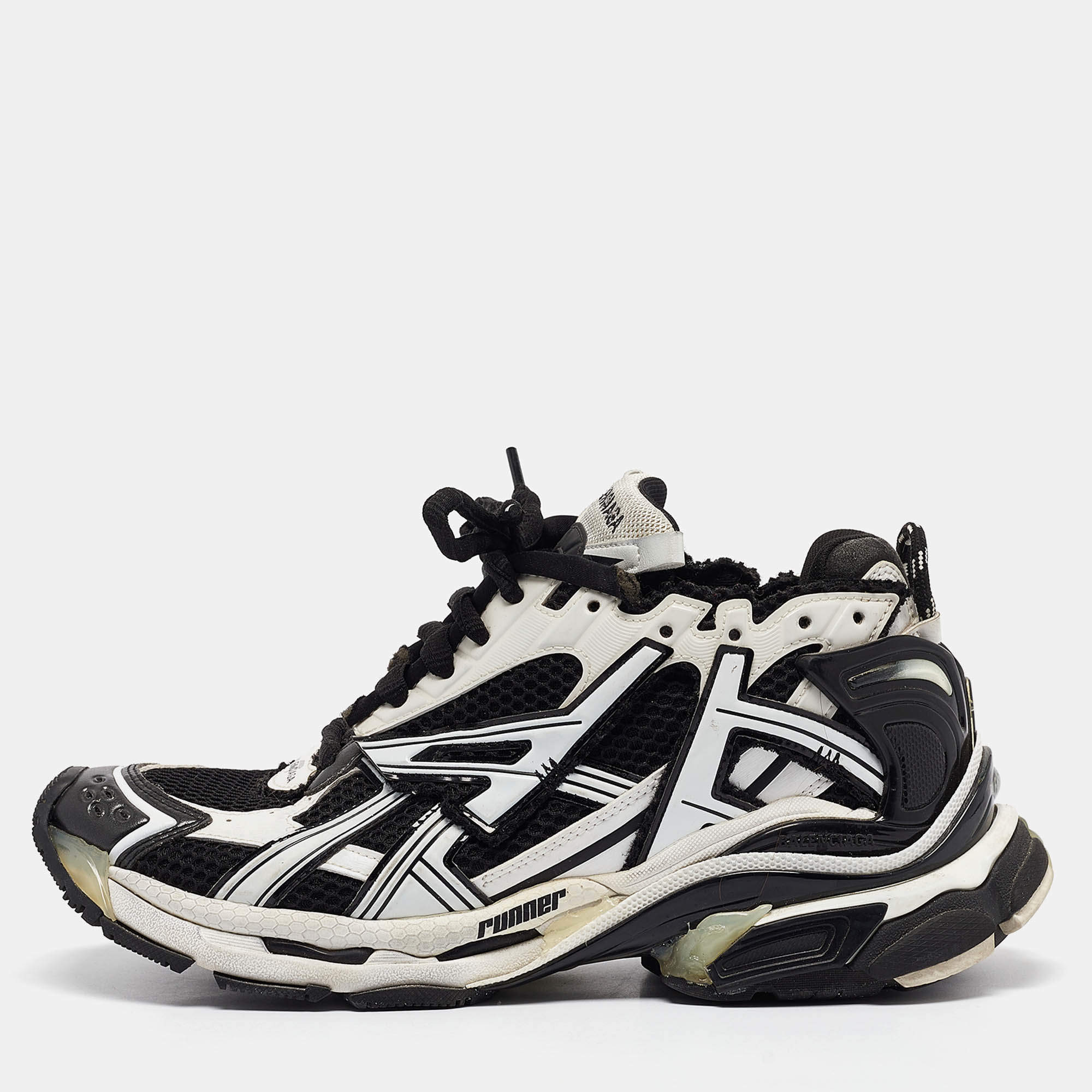 Pre Owned Balenciaga Black/White Faux Leather and Mesh Runner Sneakers Size 41