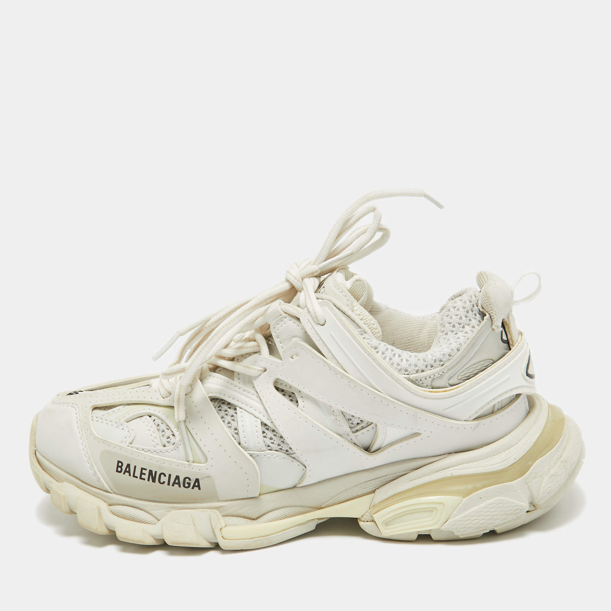 Pre Owned Balenciaga Cream Faux Leather and Mesh Track Lace Up Sneakers Size 38