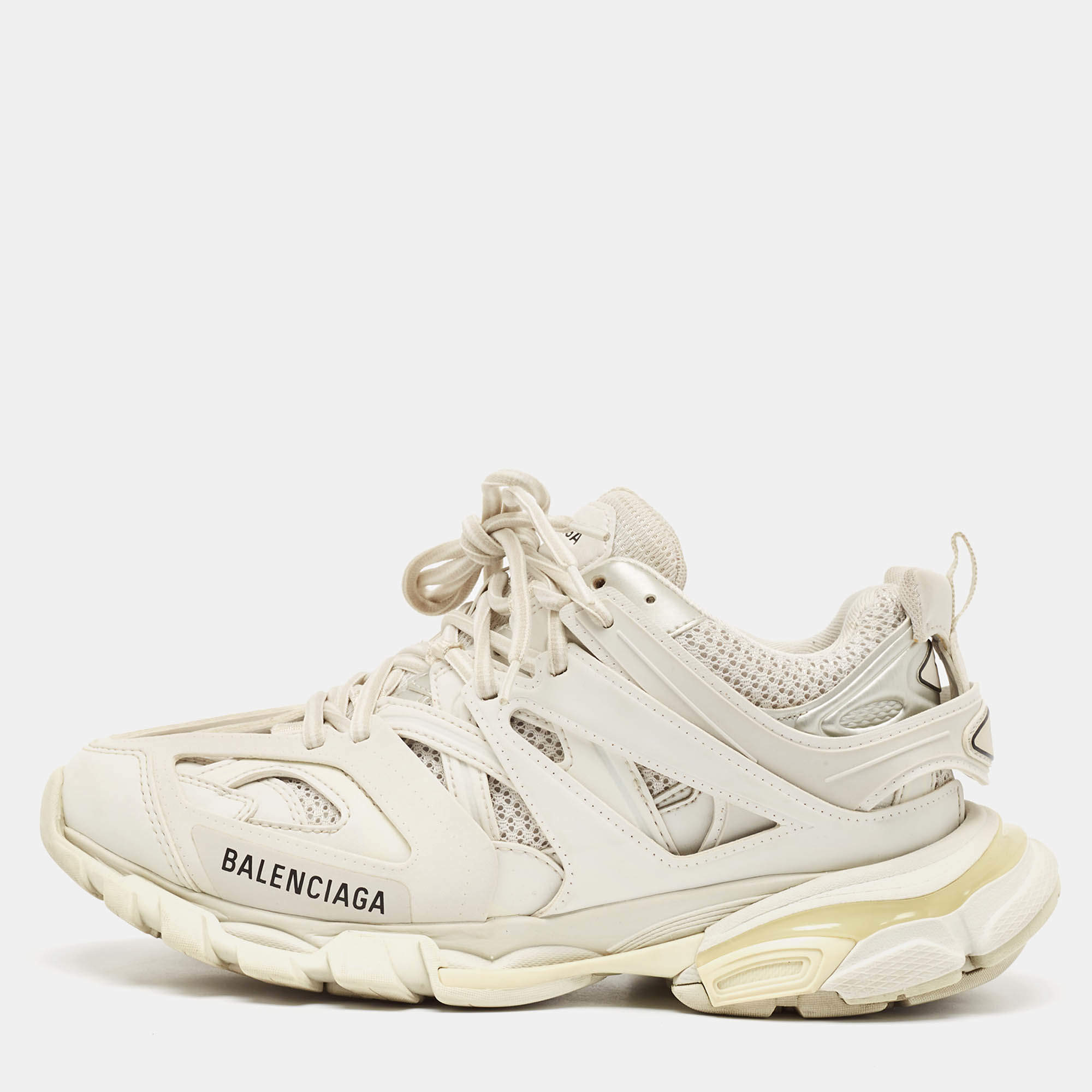 Pre Owned Balenciaga Grey Faux Leather and Mesh Track Sneakers Size 39