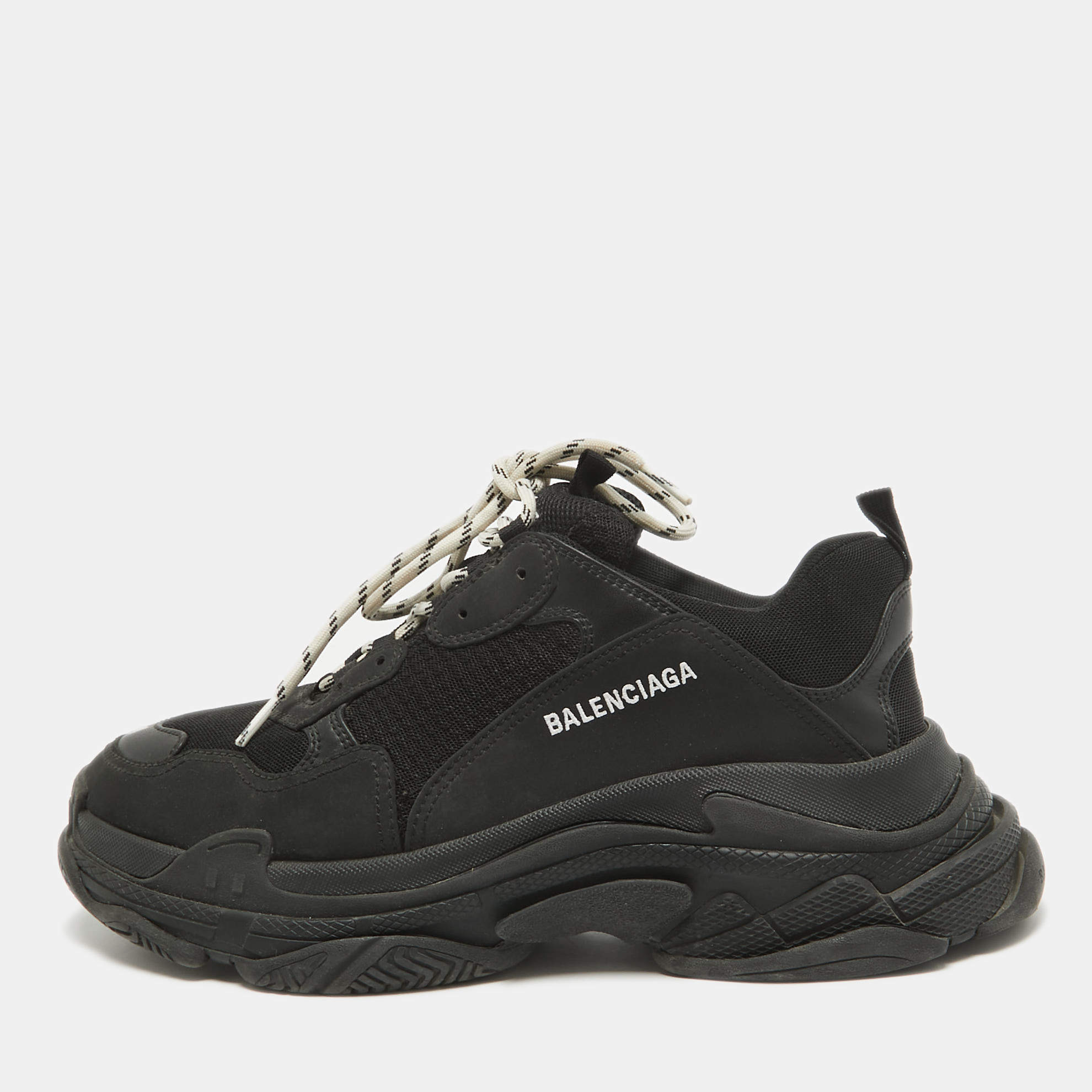 Pre Owned Balenciaga Black Leather and Mesh Triple S Sneakers Size 44