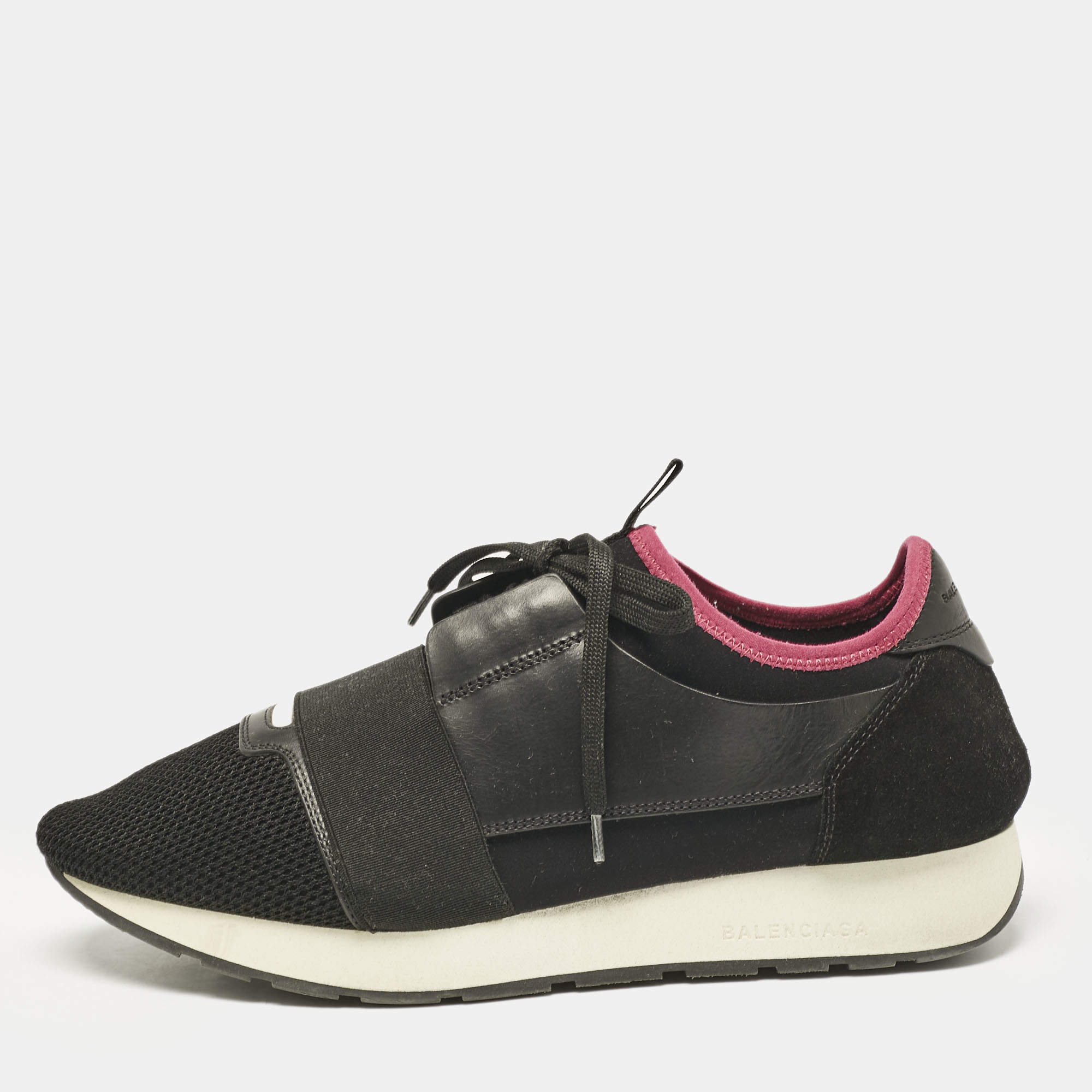 Balenciaga Black/Red Leather and Mesh Race Runner Sneakers Size 42