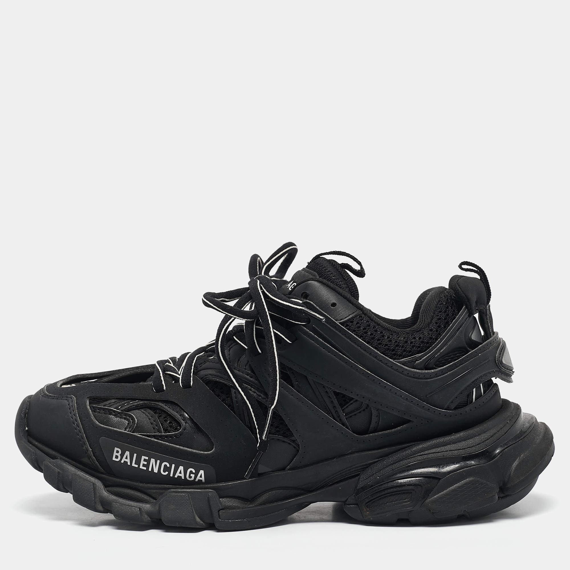 Balenciaga Black Faux Leather and Mesh Track Sneakers Size 36