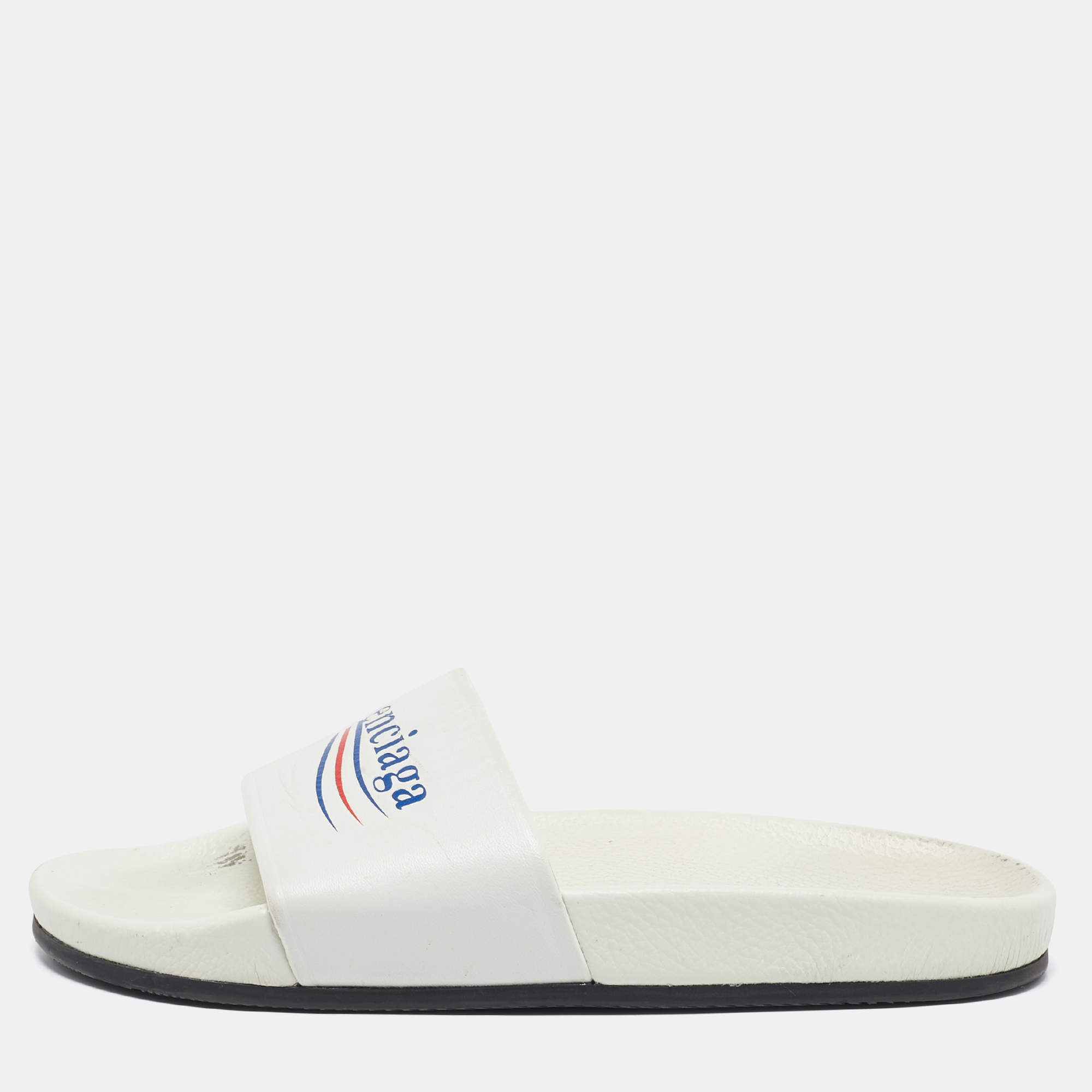 Pre Owned Balenciaga White Leather Political Logo Pool Slides Size 40