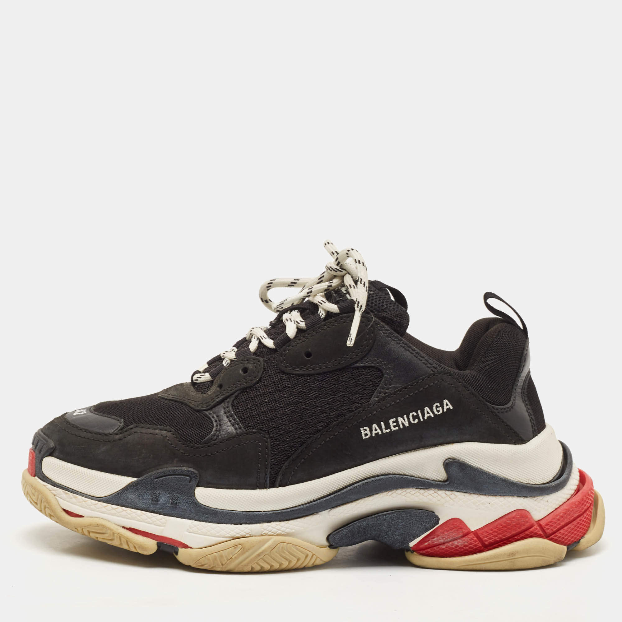 Balenciaga Black Faux Leather and Mesh Triple S Lace Up Sneakers Size 42