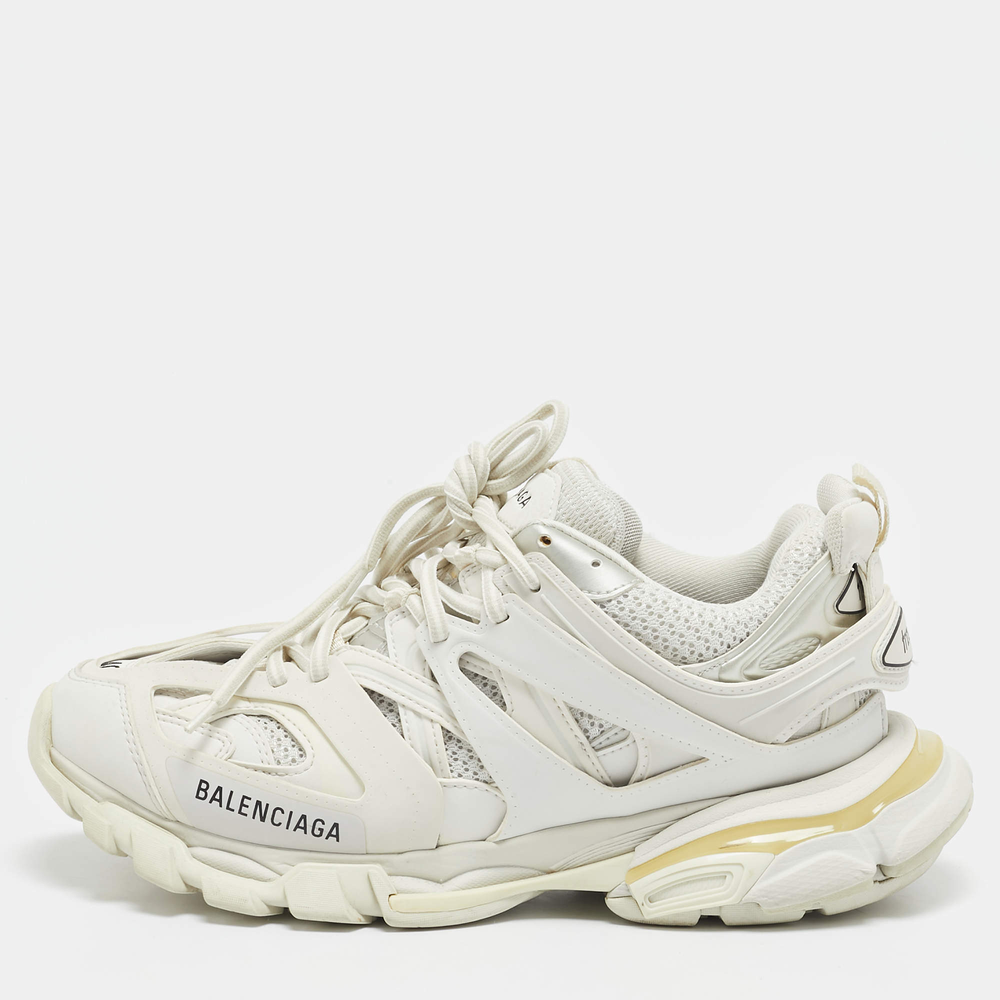 Pre Owned Balenciaga White Leather and Fabric Track Sneakers Size 40 