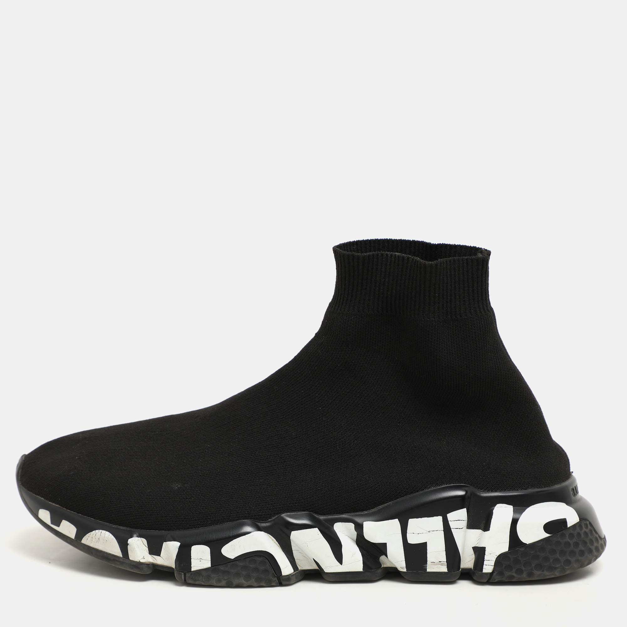 Pre Owned Balenciaga Black Knit Fabric Graffiti Speed Trainer Sneakers Size 41