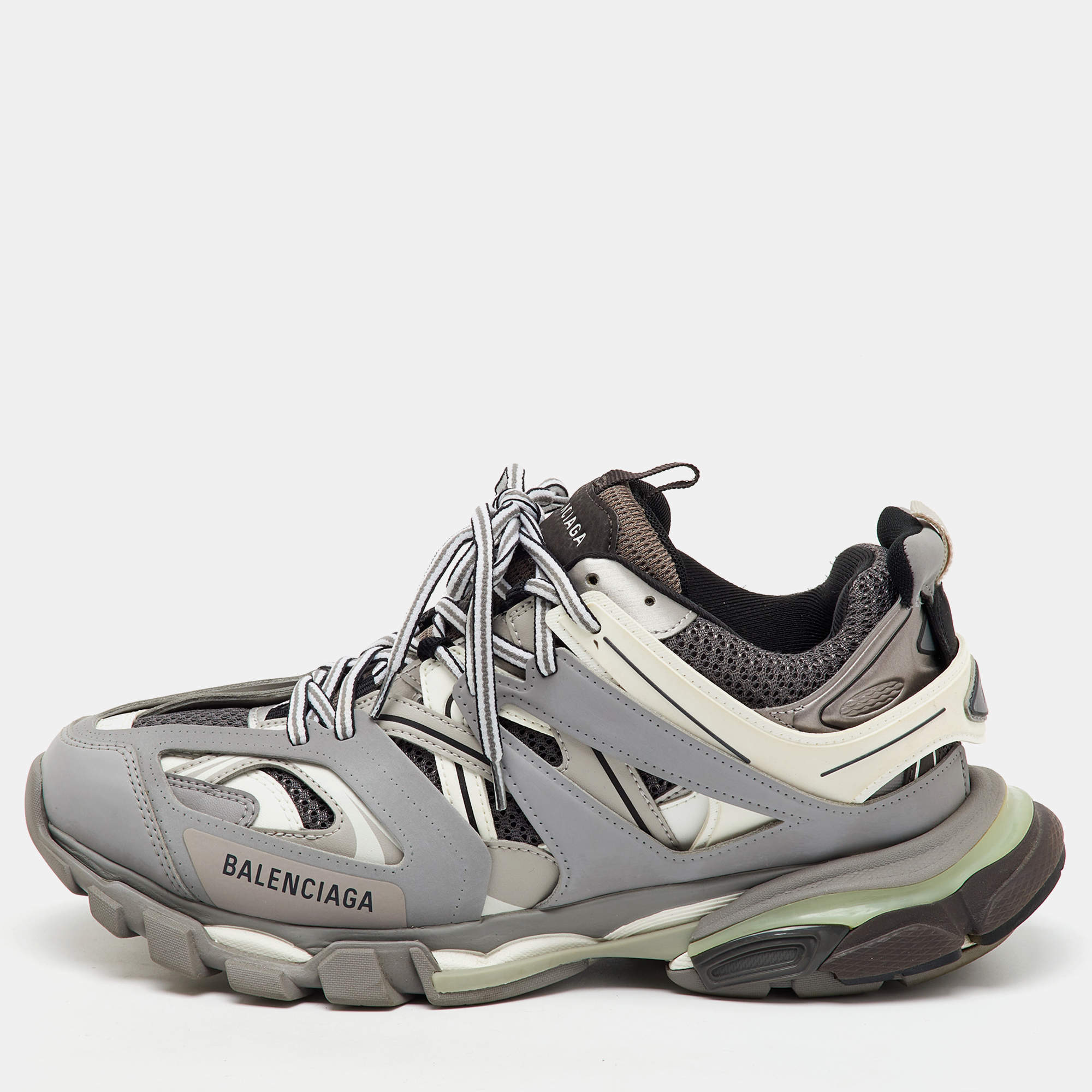 Balenciaga Grey/White Faux Leather and Mesh Track Sneakers Size 43
