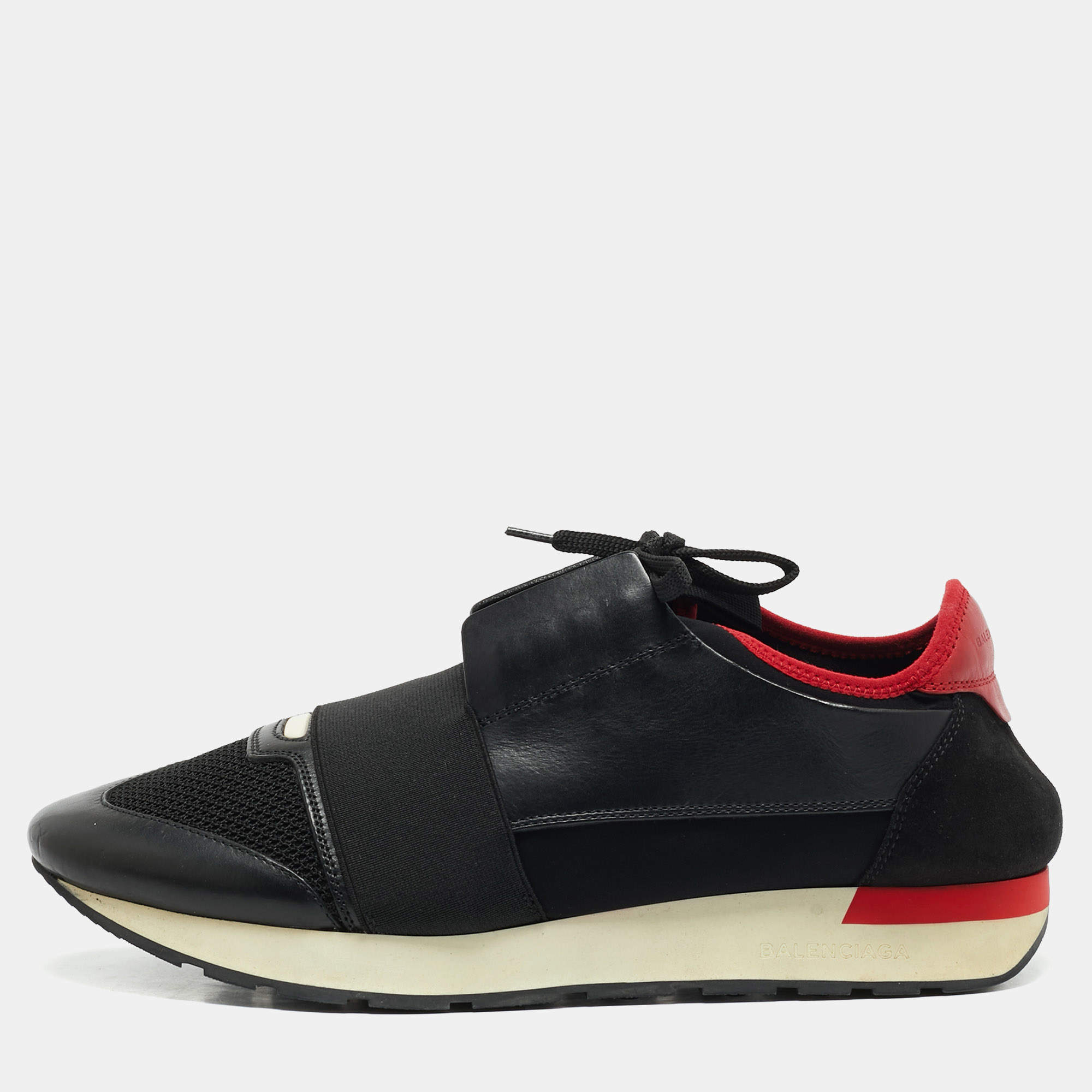 Pre Owned Balenciaga Black/Red Leather and Mesh Race Runner Low Top Sneakers Size 42