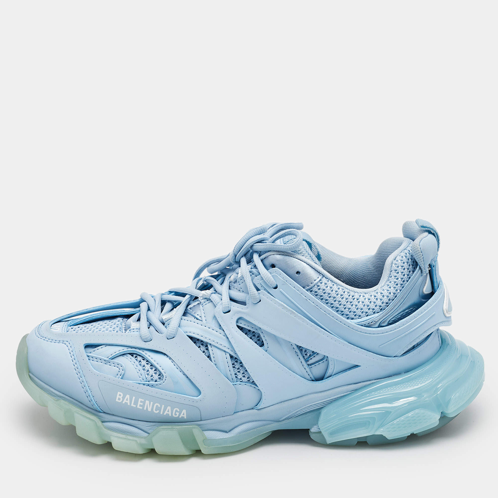 Pre Owned Balenciaga Light Blue Mesh and Faux Leather Track Sneakers Size 42