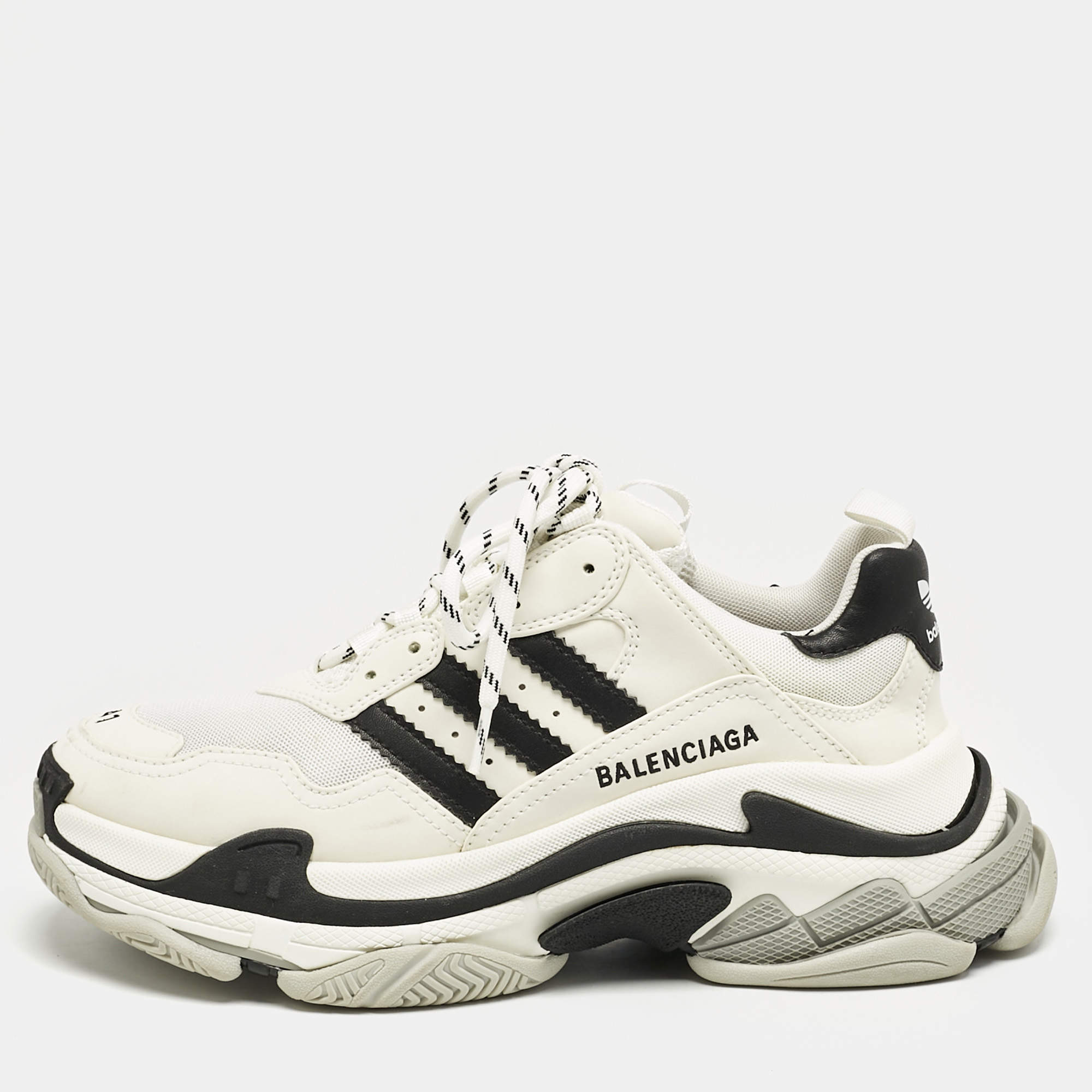 Balenciaga x Adidas White/Black Faux Leather and Mesh Triple S Sneakers Size 41