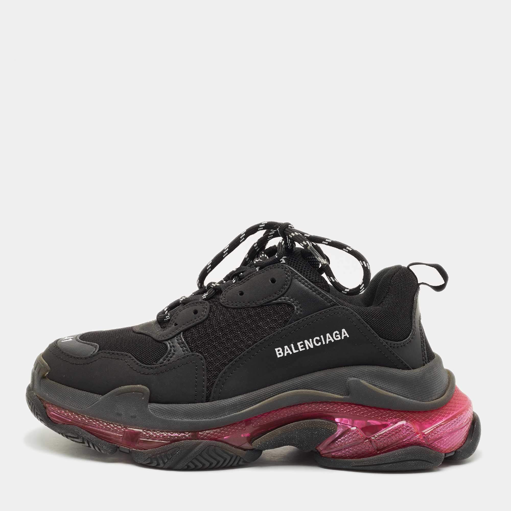 Balenciaga Black Faux Leather and Mesh Triple S Clear Sole Sneakers Size 41