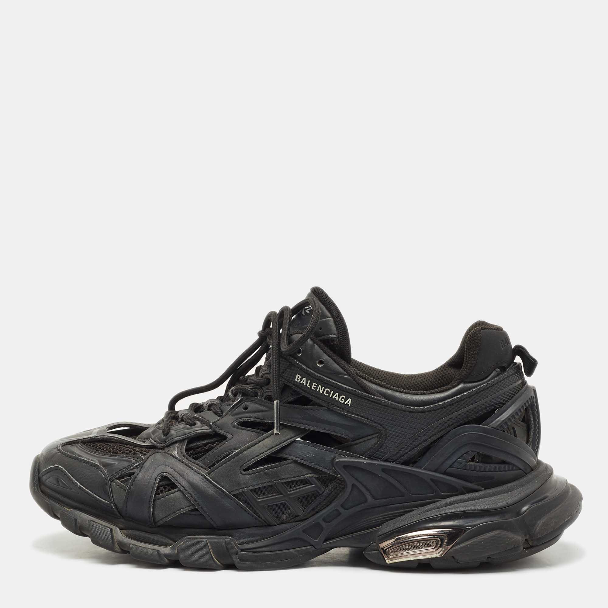 مملوكة مسبقًا Balenciaga Black Faux Leather and Mesh Track 2 Sneakers Size 43