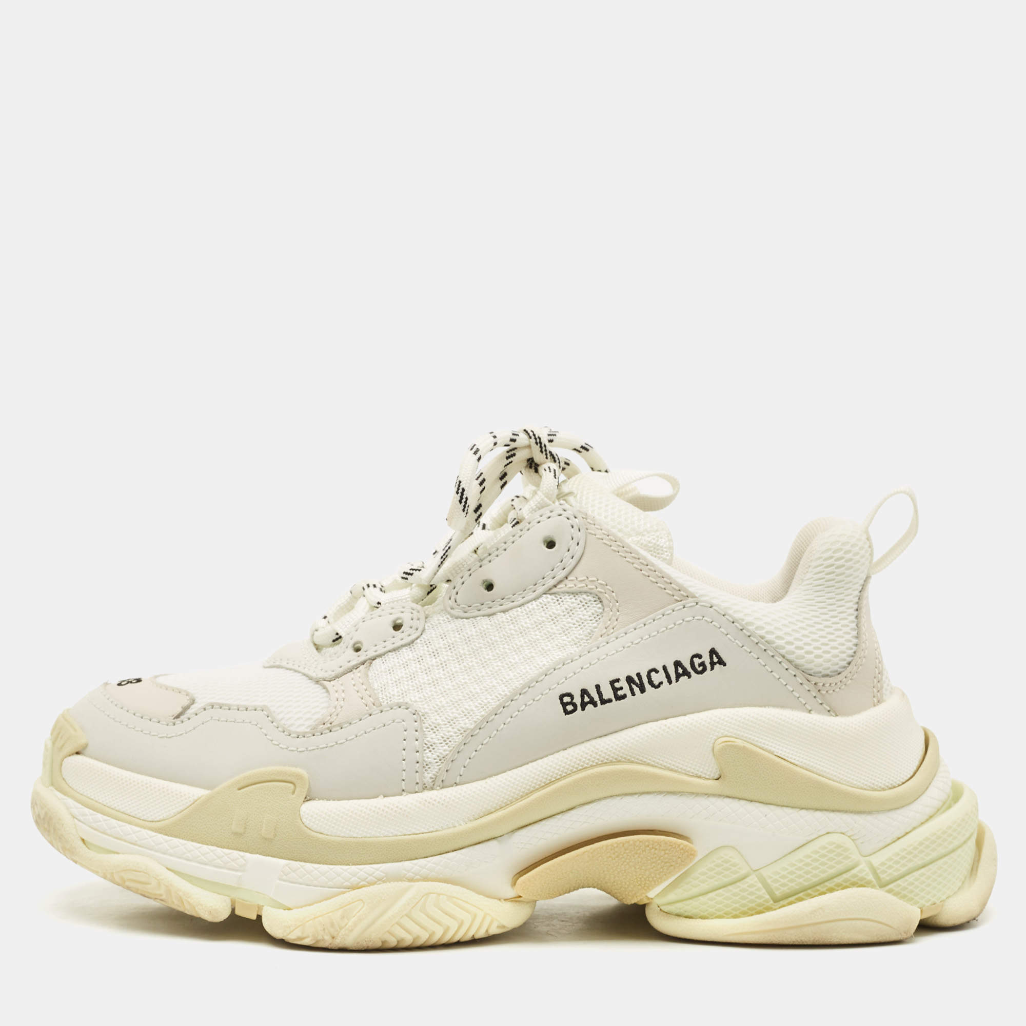 Pre Owned Balenciaga White Leather and Mesh Triple S Sneakers Size 38