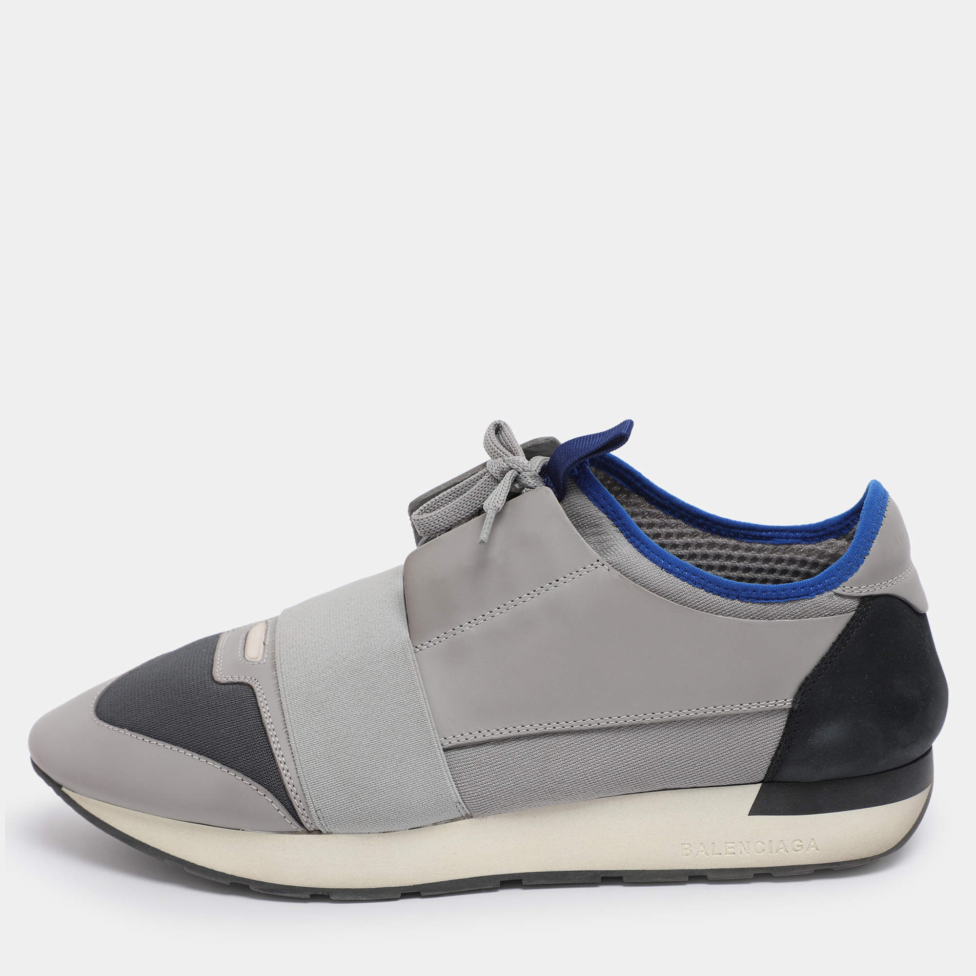 Pre Owned Balenciaga Grey Knit Fabric and Leather Race Runner Low Top Sneakers Size 42