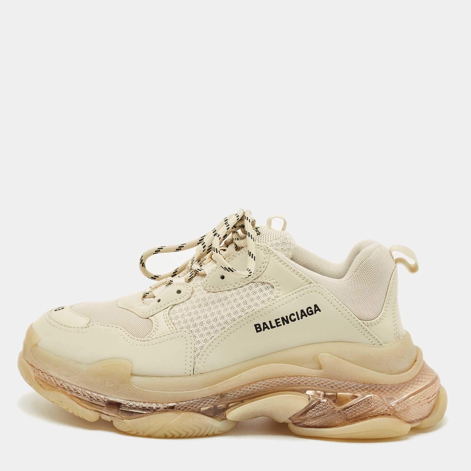 Pre Owned Balenciaga Cream Leather and Mesh Triple S Low Top Sneakers Size 43