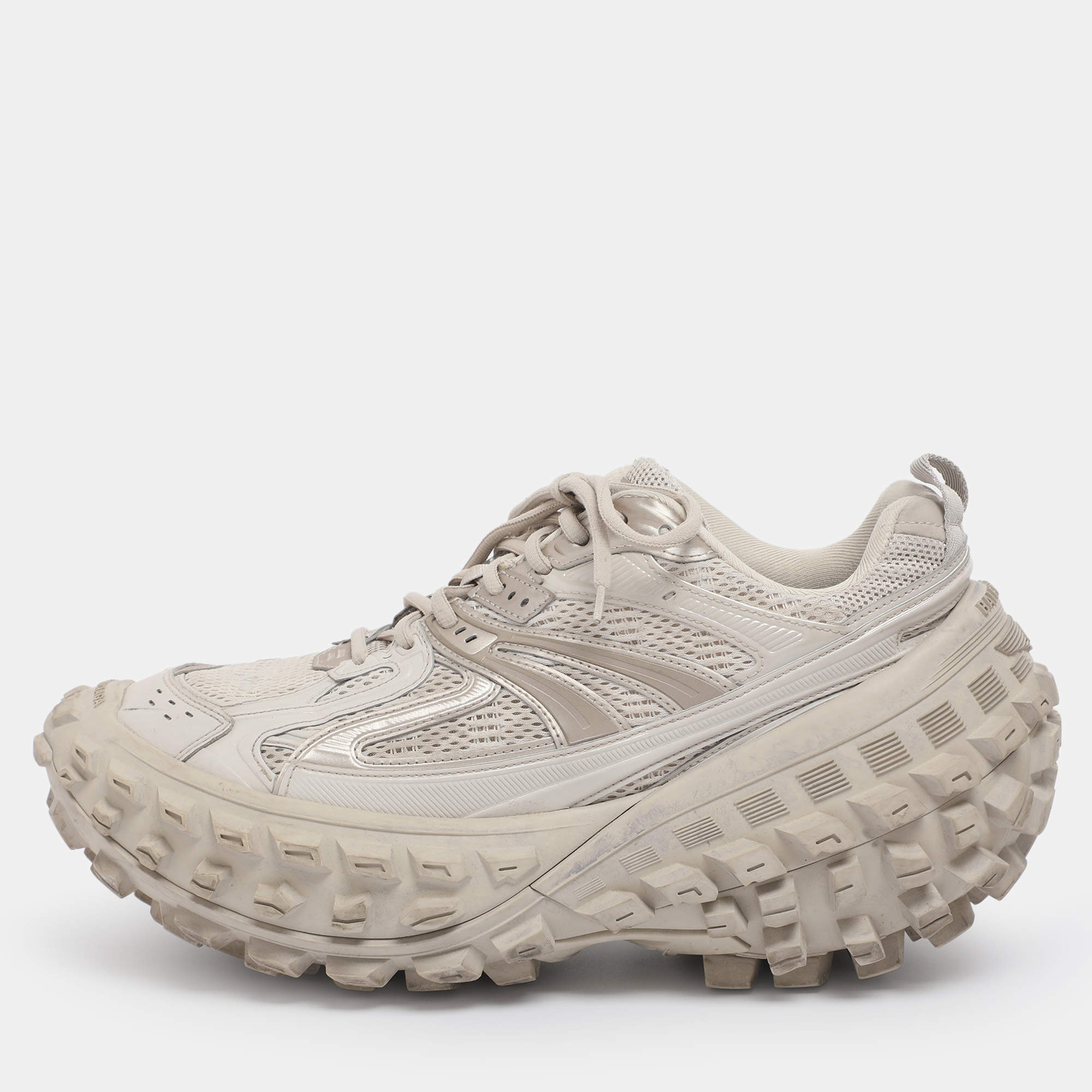 Pre Owned Balenciaga Beige Faux Leather and Mesh Defender Sneakers Size 43