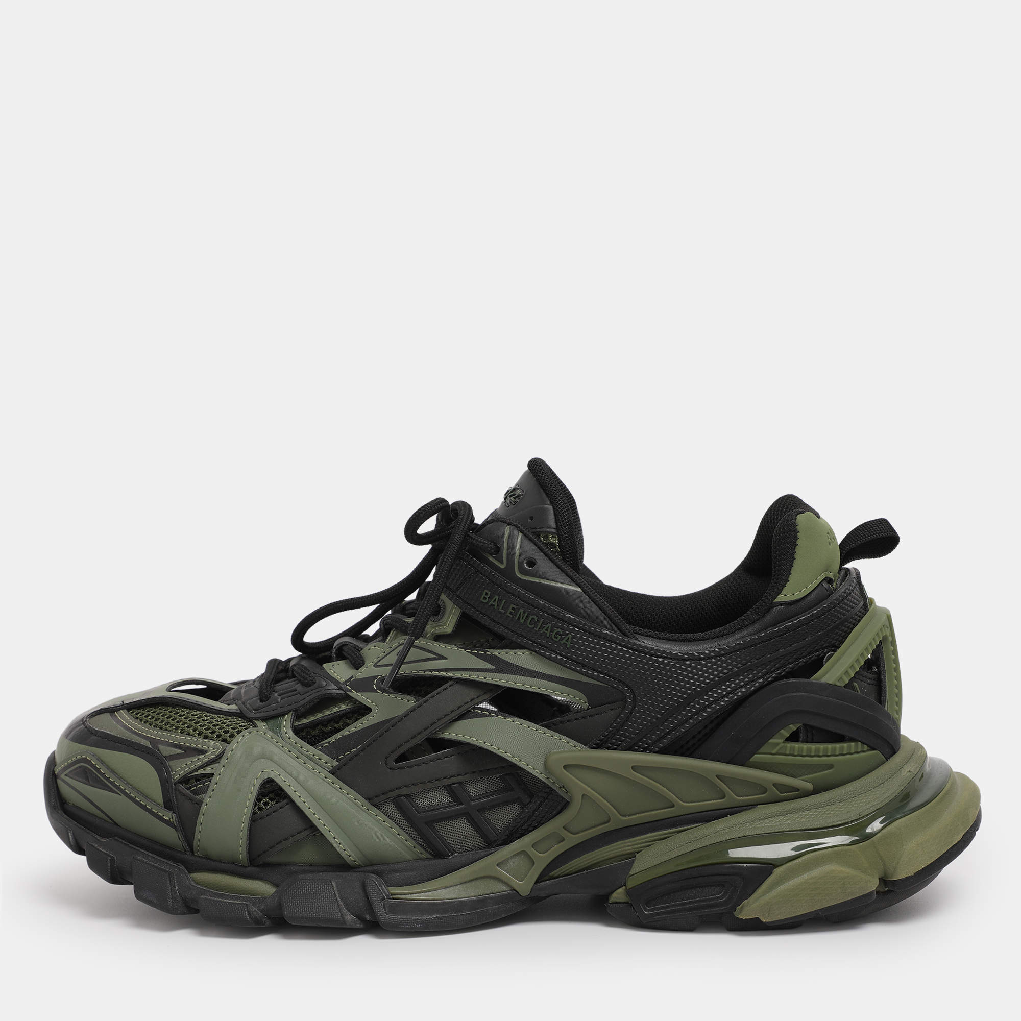 Pre Owned Balenciaga Green/Black Faux Leather and Mesh Track 2 Sneakers Size 44