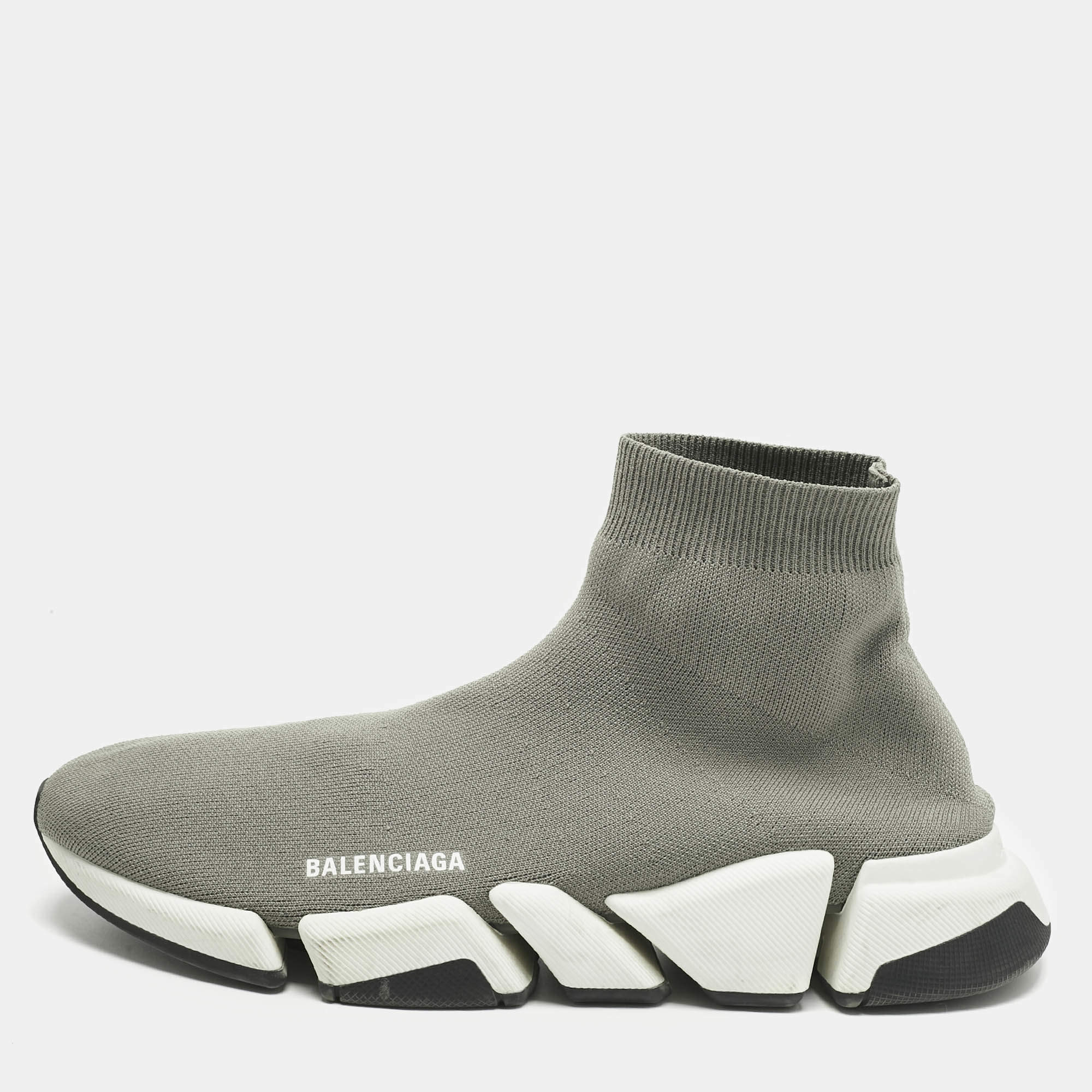 Pre Owned Balenciaga Grey Knit Fabric Speed Trainer High Slip On Sneakers Size 47