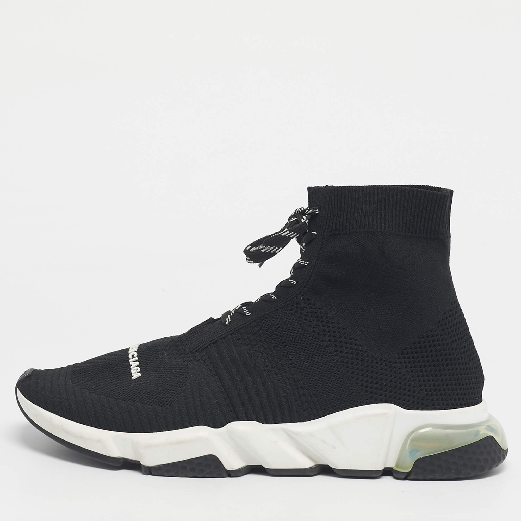 Pre Owned Balenciaga Black Knit Fabric Speed 2.0 Trainer High Lace Up Sneakers Size 47