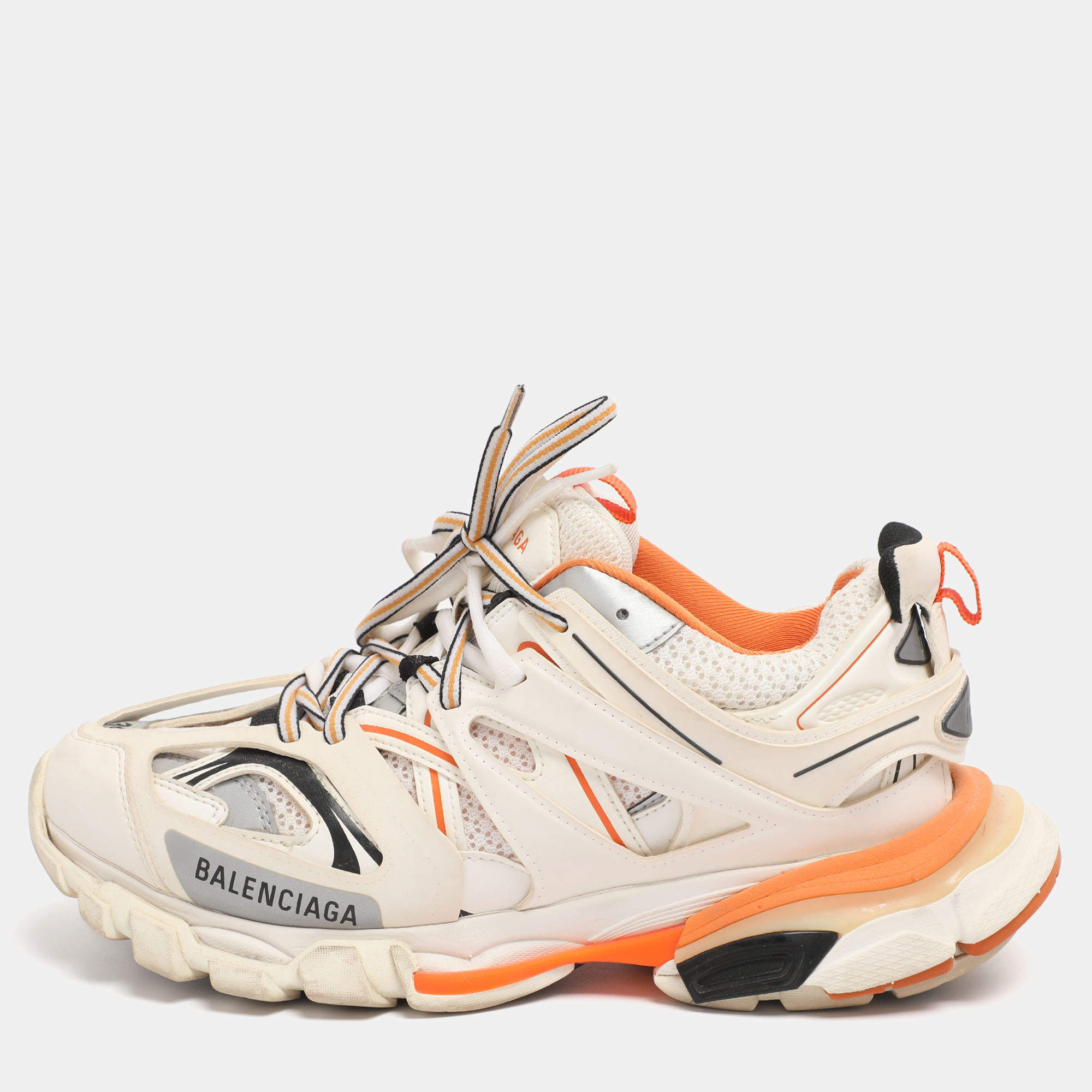 Pre Owned Balenciaga White/Orange Mesh and Faux Leather Track Low Top Sneakers Size 39