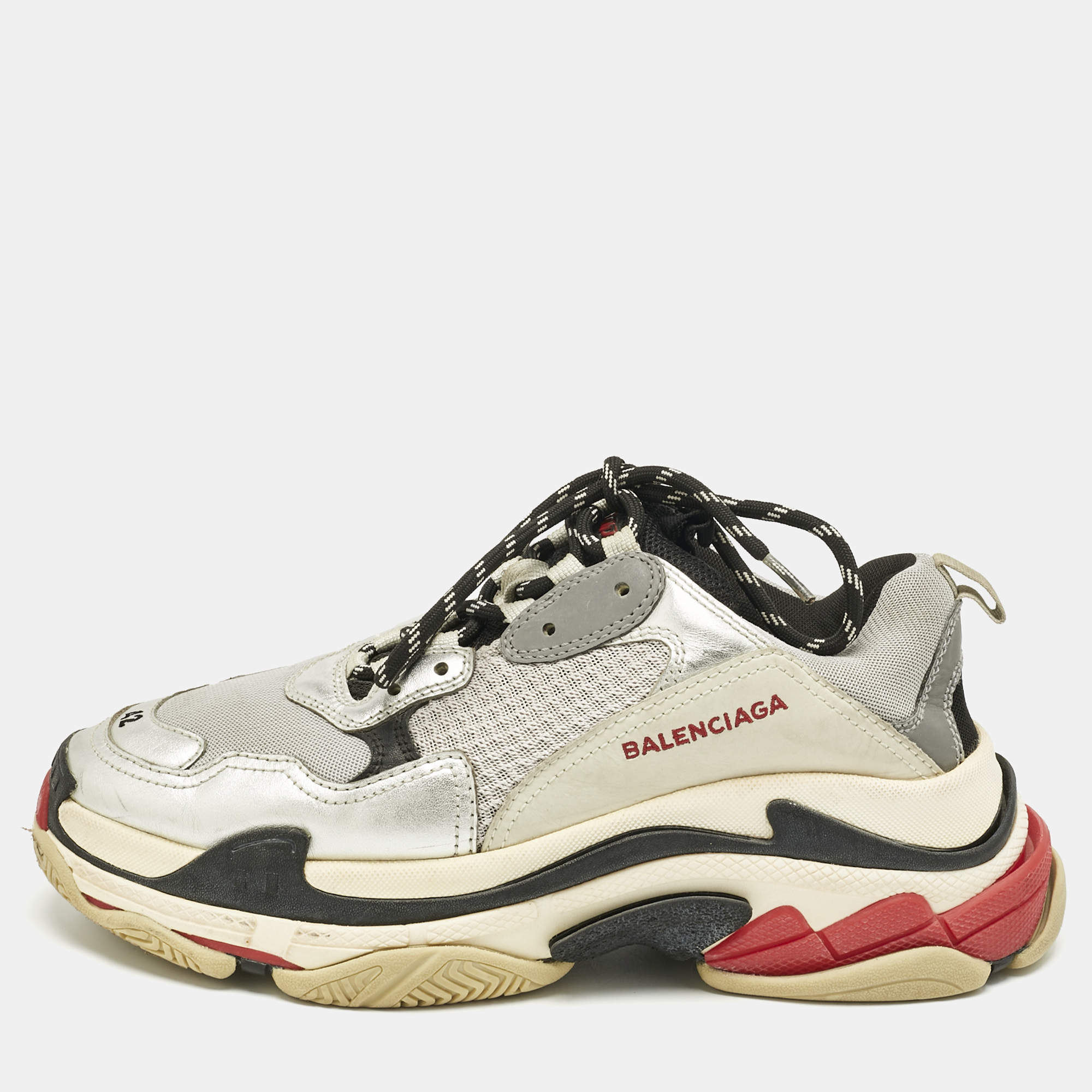 Pre Owned Balenciaga Silver/Grey Leather and Mesh Triple S Sneakers Size 42