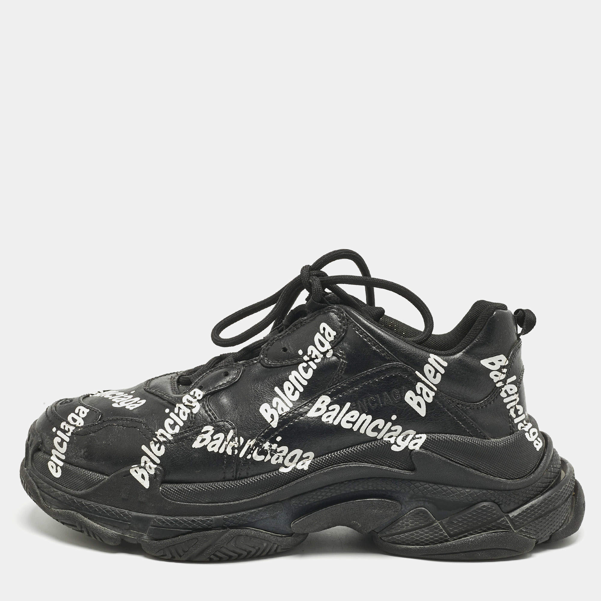 Pre Owned Balenciaga Black Faux Leather Allover Logo Triple S Sneakers Size 43