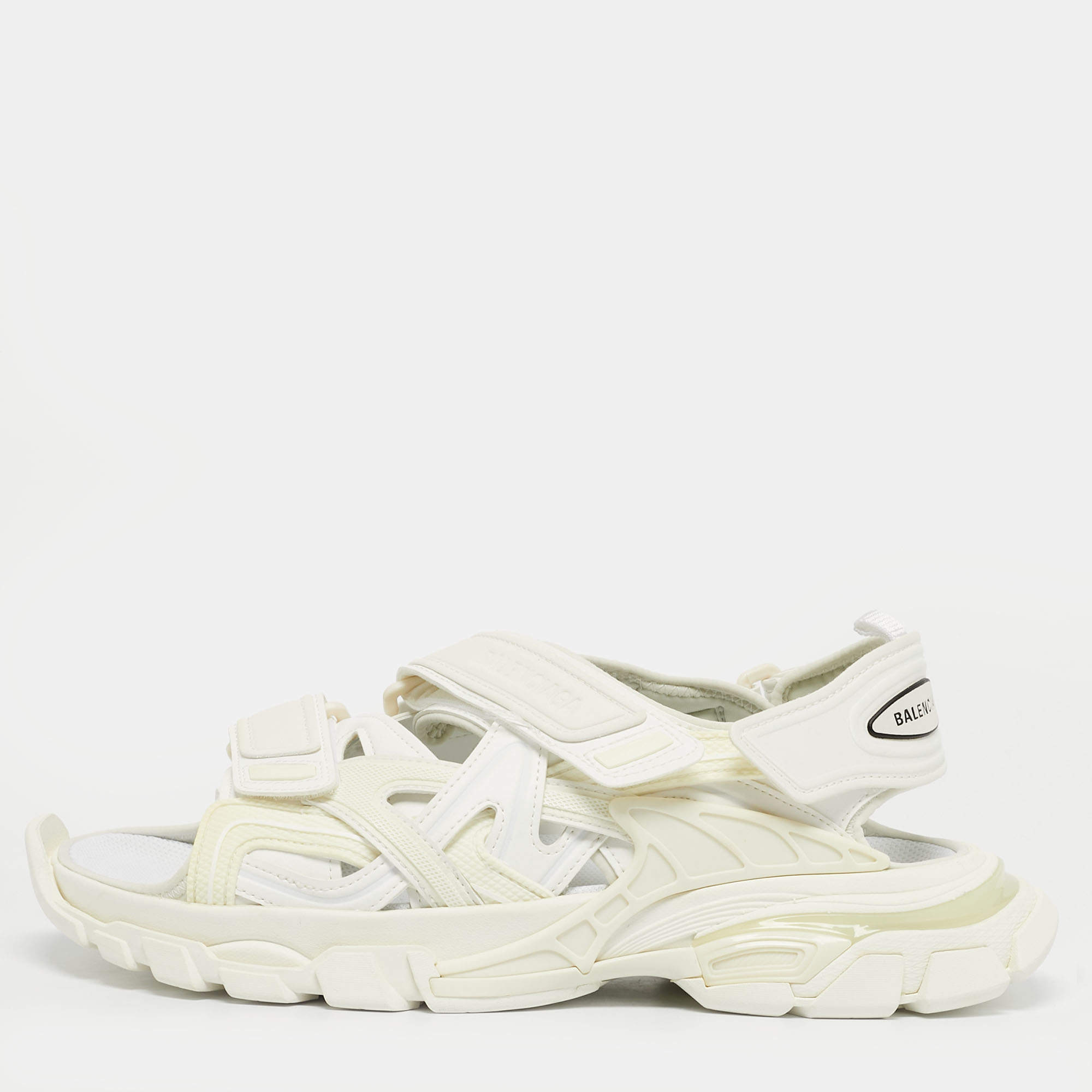 Pre Owned Balenciaga White Faux Leather and Rubber Track Flat Sandals Size 42